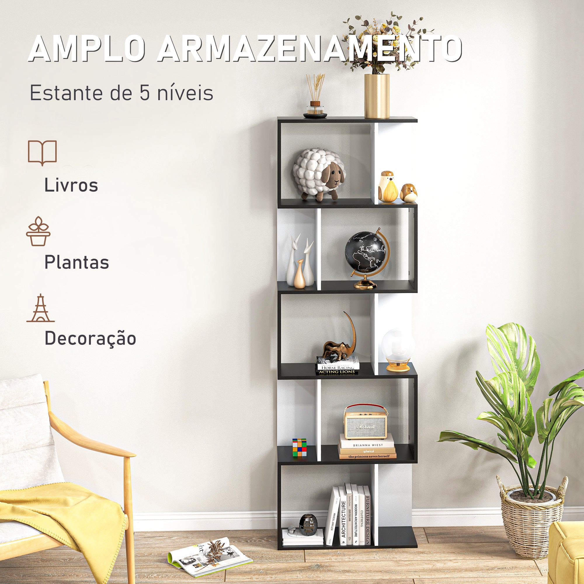 Estante Alta de Parede – 60x24x184,5 cm – Branco e Preto – Aglomerado de madeira