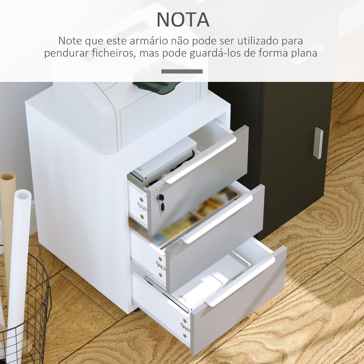 Bloco de Gavetas Móvel de Escritório 3 Gavetas 40x40x63,5 cm Branco e Cinza
