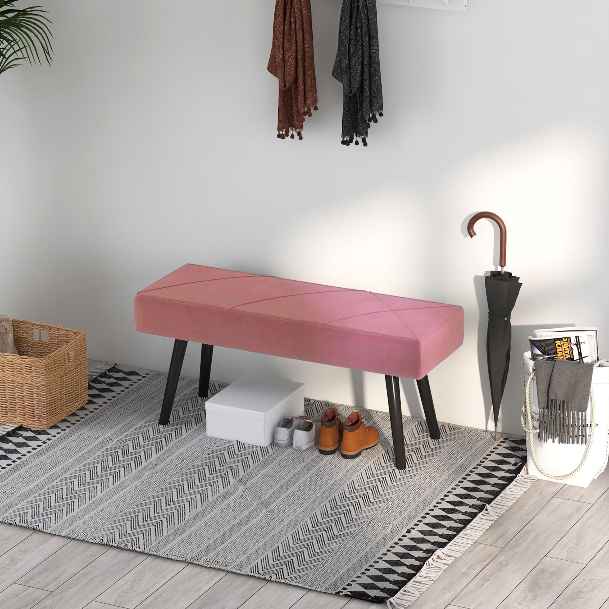 Banco Acolchoado – 100x36x45 cm – Rosa – Veludo