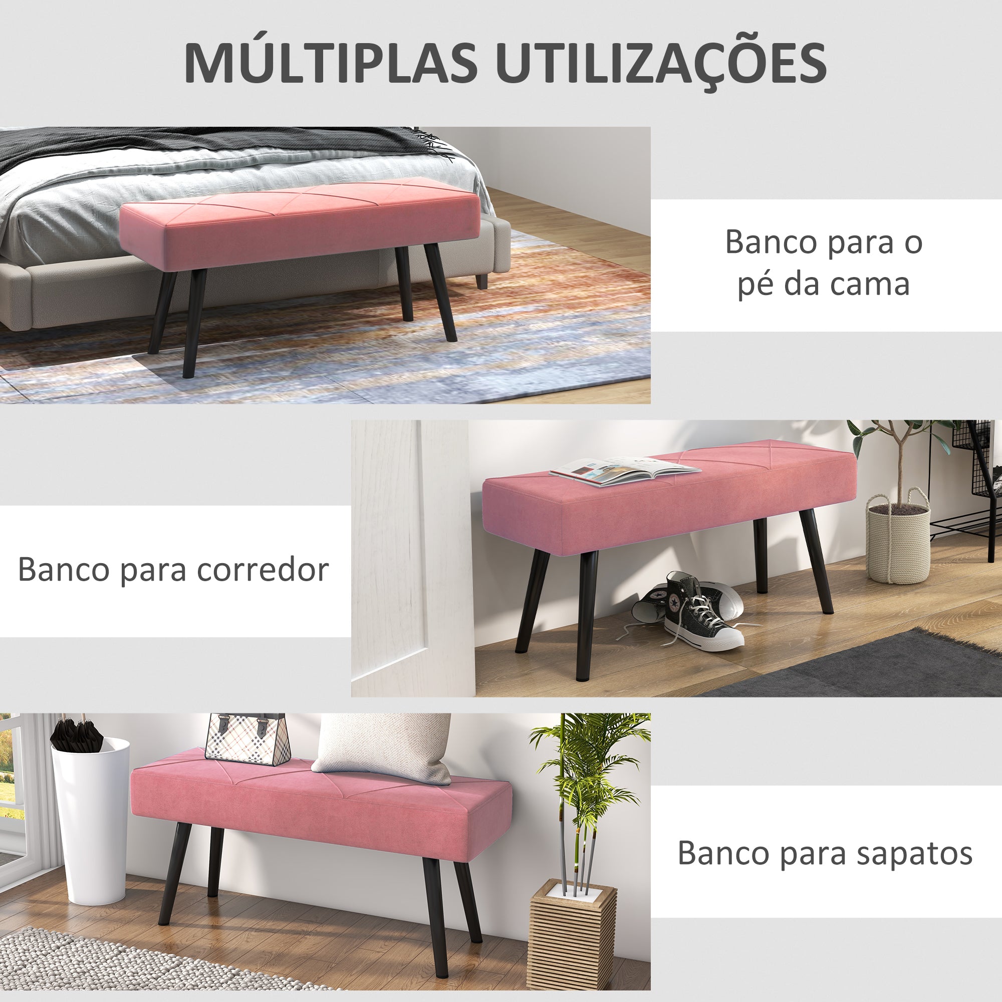 Banco Acolchoado – 100x36x45 cm – Rosa – Veludo