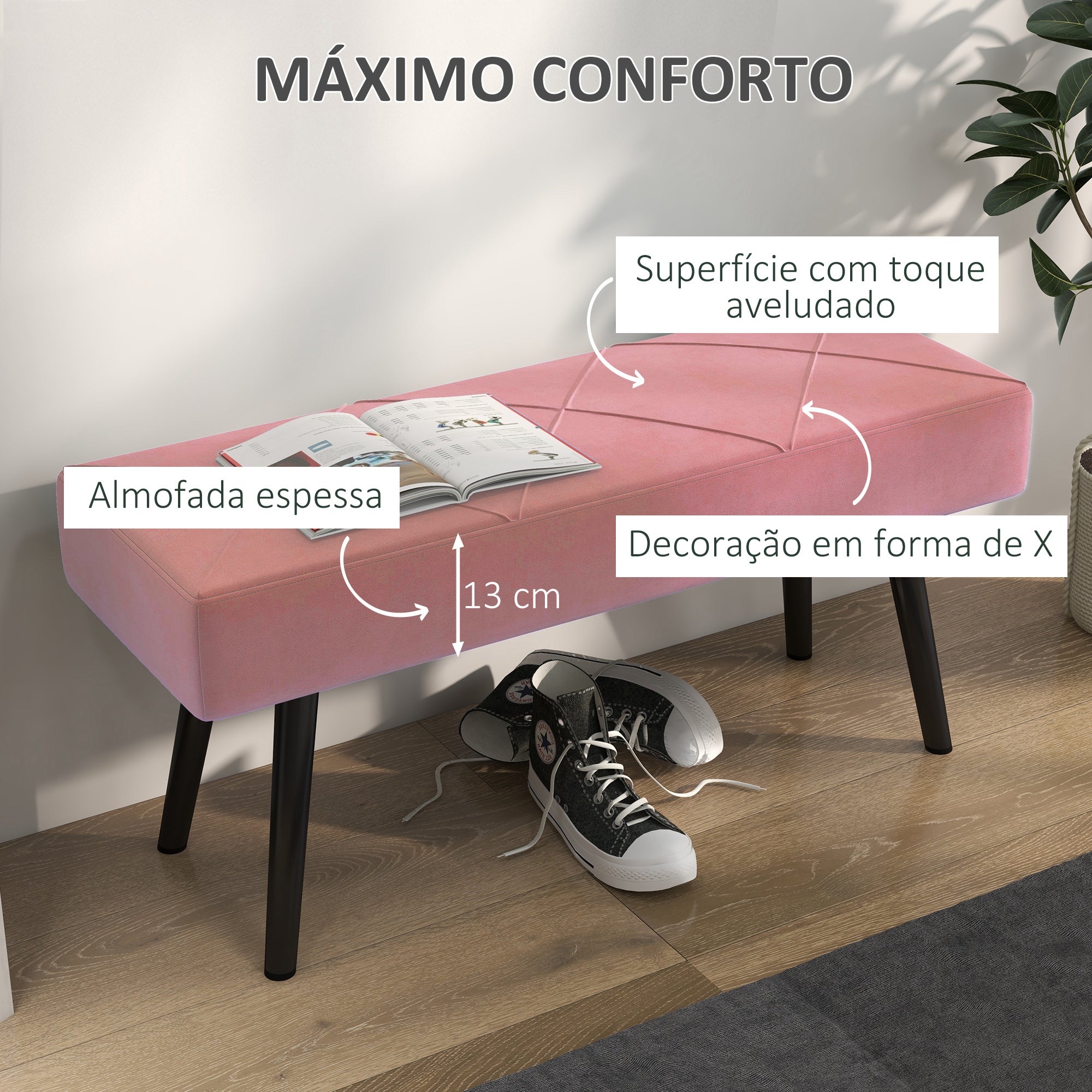 Banco Acolchoado – 100x36x45 cm – Rosa – Veludo