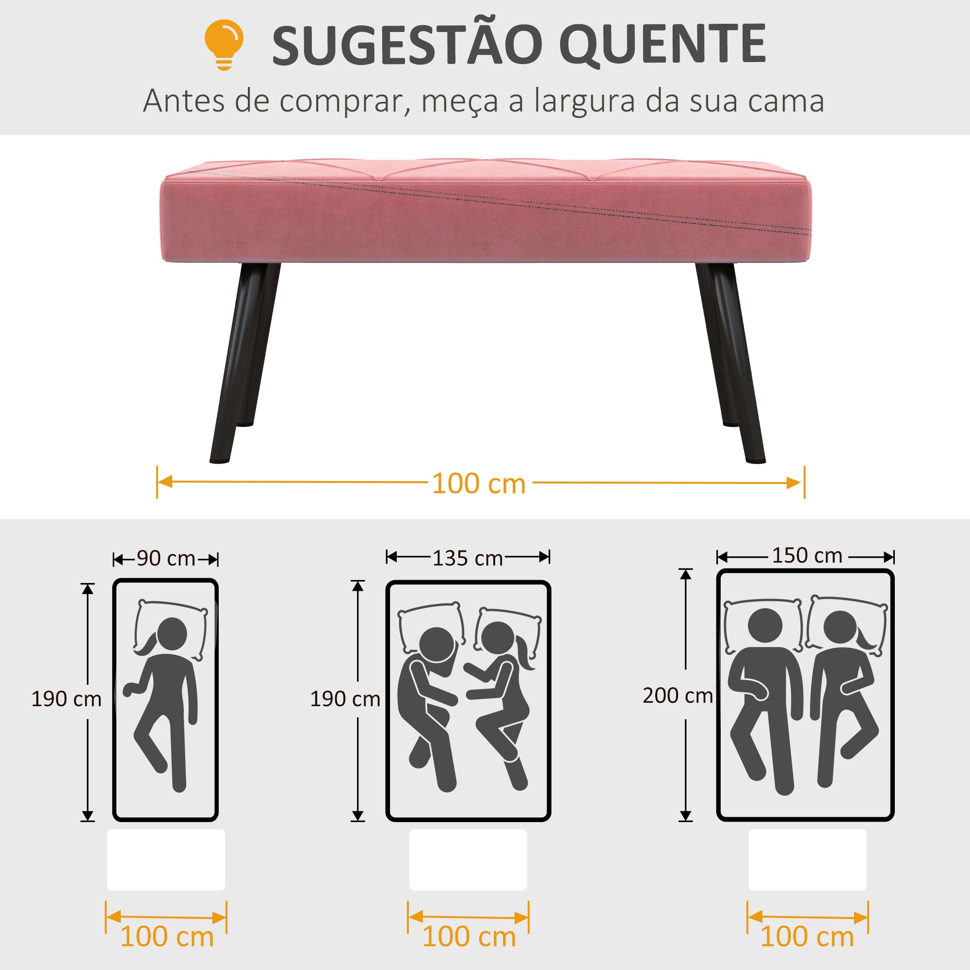 Banco Acolchoado – 100x36x45 cm – Rosa – Veludo