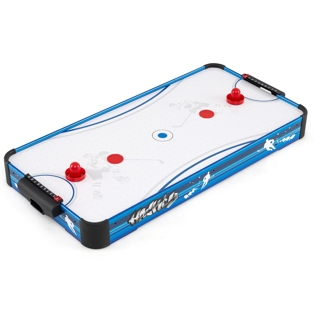 Mesa de Air Hockey com Ventilador Potente de 12V 2 Discos 2 Empurradores 2 Marcadores para Sala Escritório 108 x 50,5 x 10 cm Branco e Azul