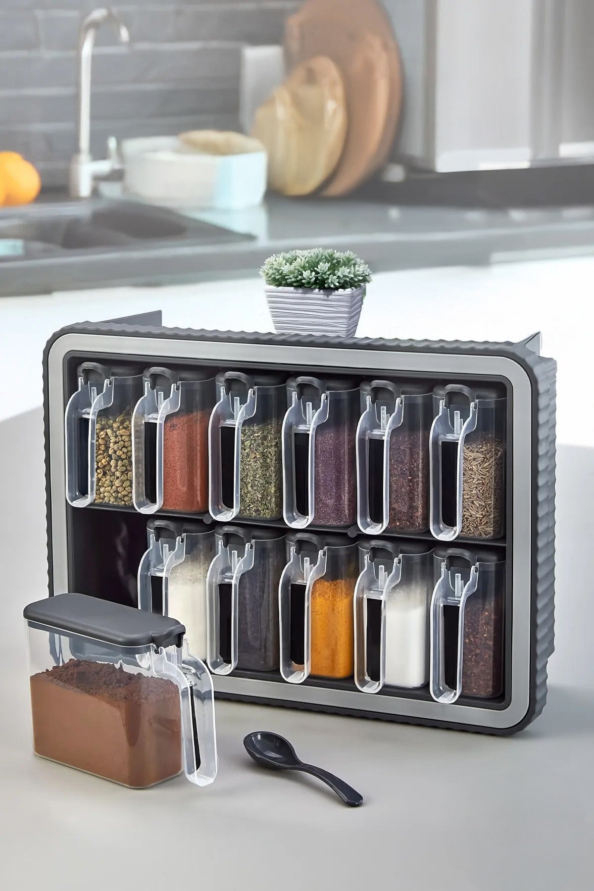 Conjunto de frascos de especiarias – 14 x 34 x 24 cm – Cinza – Plástico