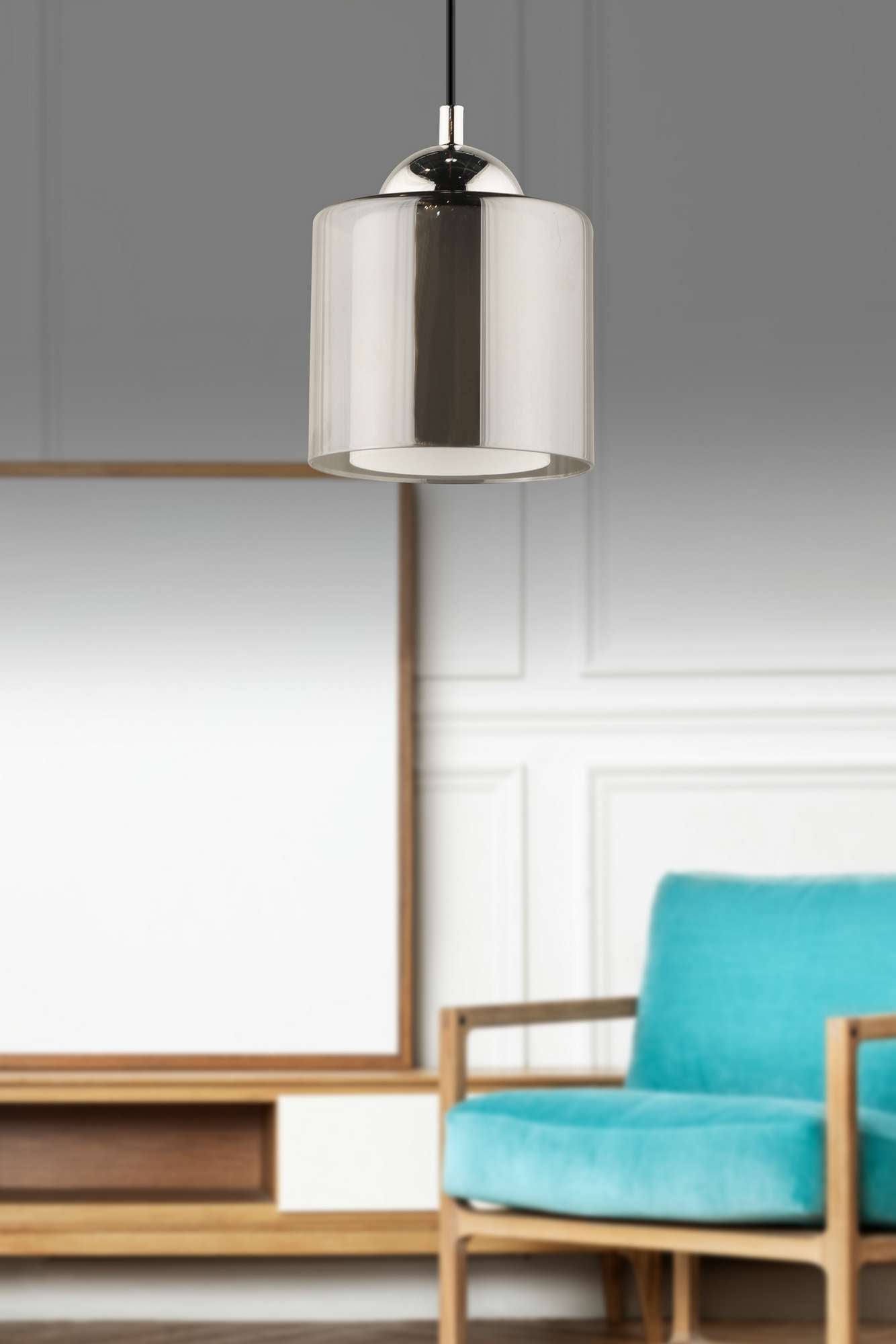 Candeeiro de Teto – 21-70 cm – Cinza e Cromo – Plástico e Vidro