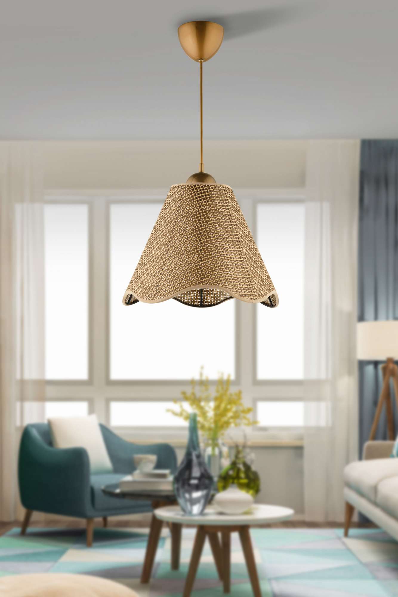 Candeeiro de Teto – Ø32 h:25 cm – Bege e Dourado – Plástico e PVC