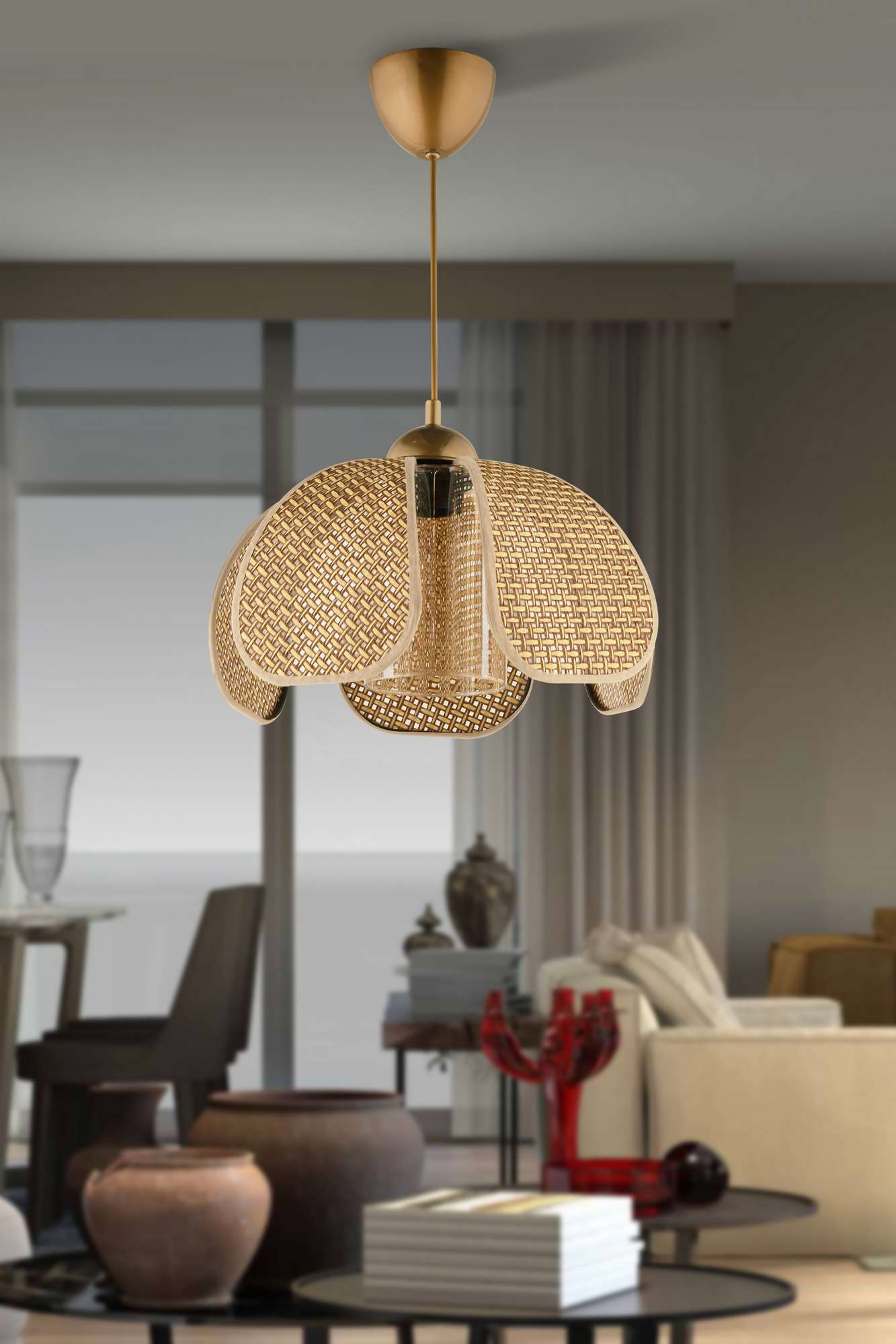 Candeeiro de Teto – Ø26 h:20 cm – Bege e Dourado – Plástico