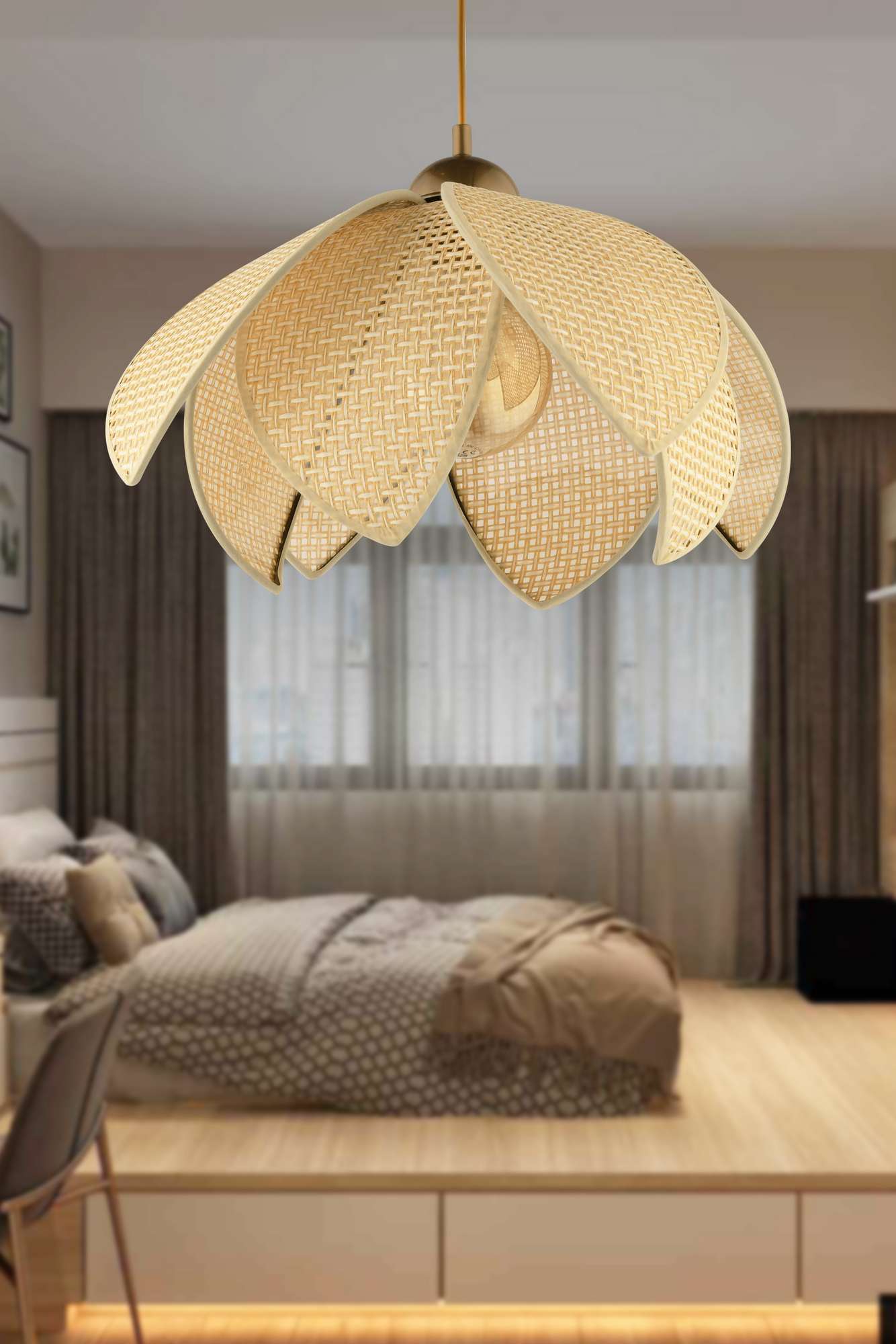 Candeeiro de Teto – 32-70 cm – Creme e Dourado – Plástico