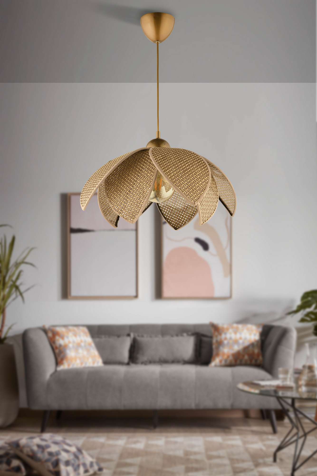 Candeeiro de Teto – 32-70 cm – Bege e Dourado – Plástico