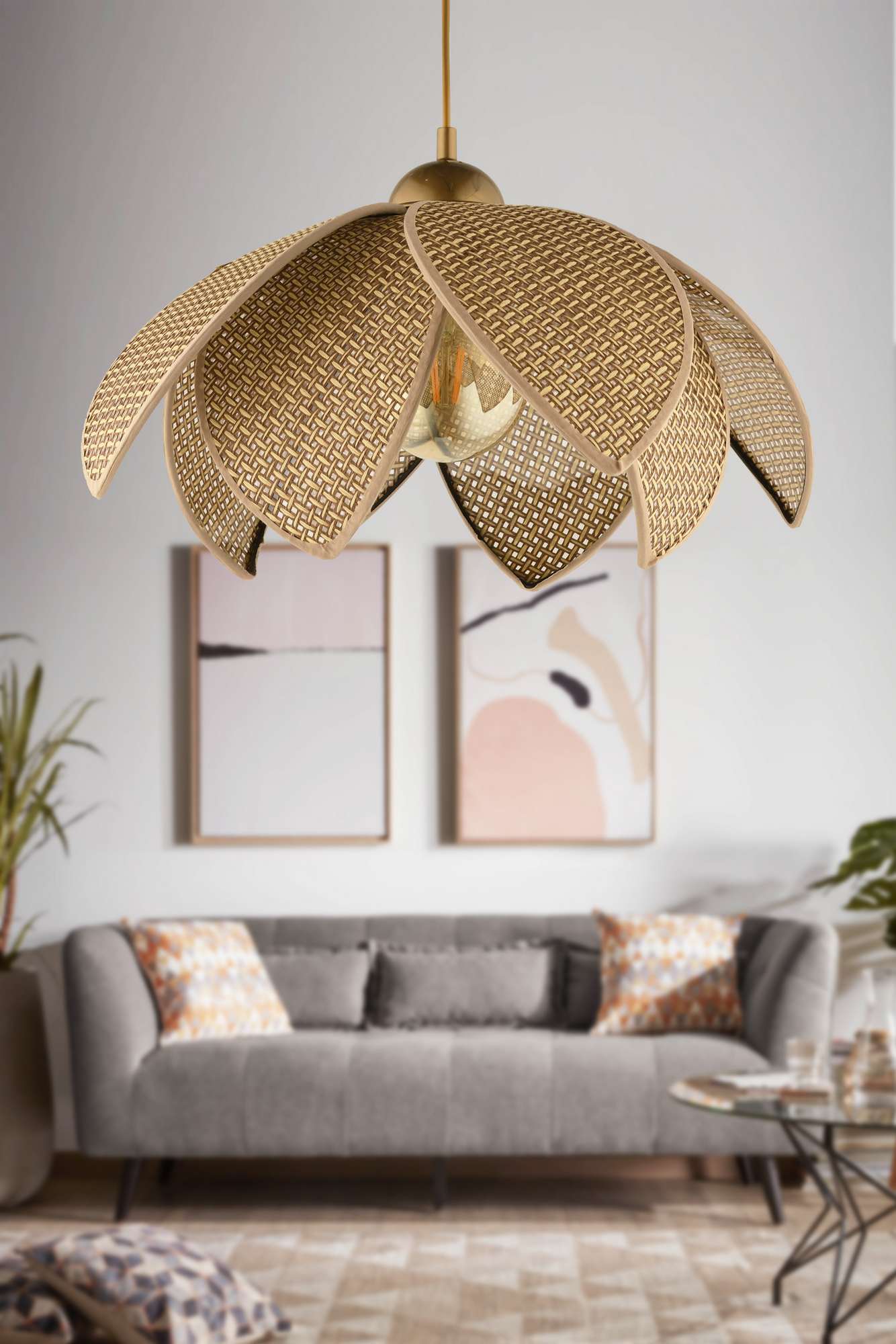 Candeeiro de Teto – 32-70 cm – Bege e Dourado – Plástico