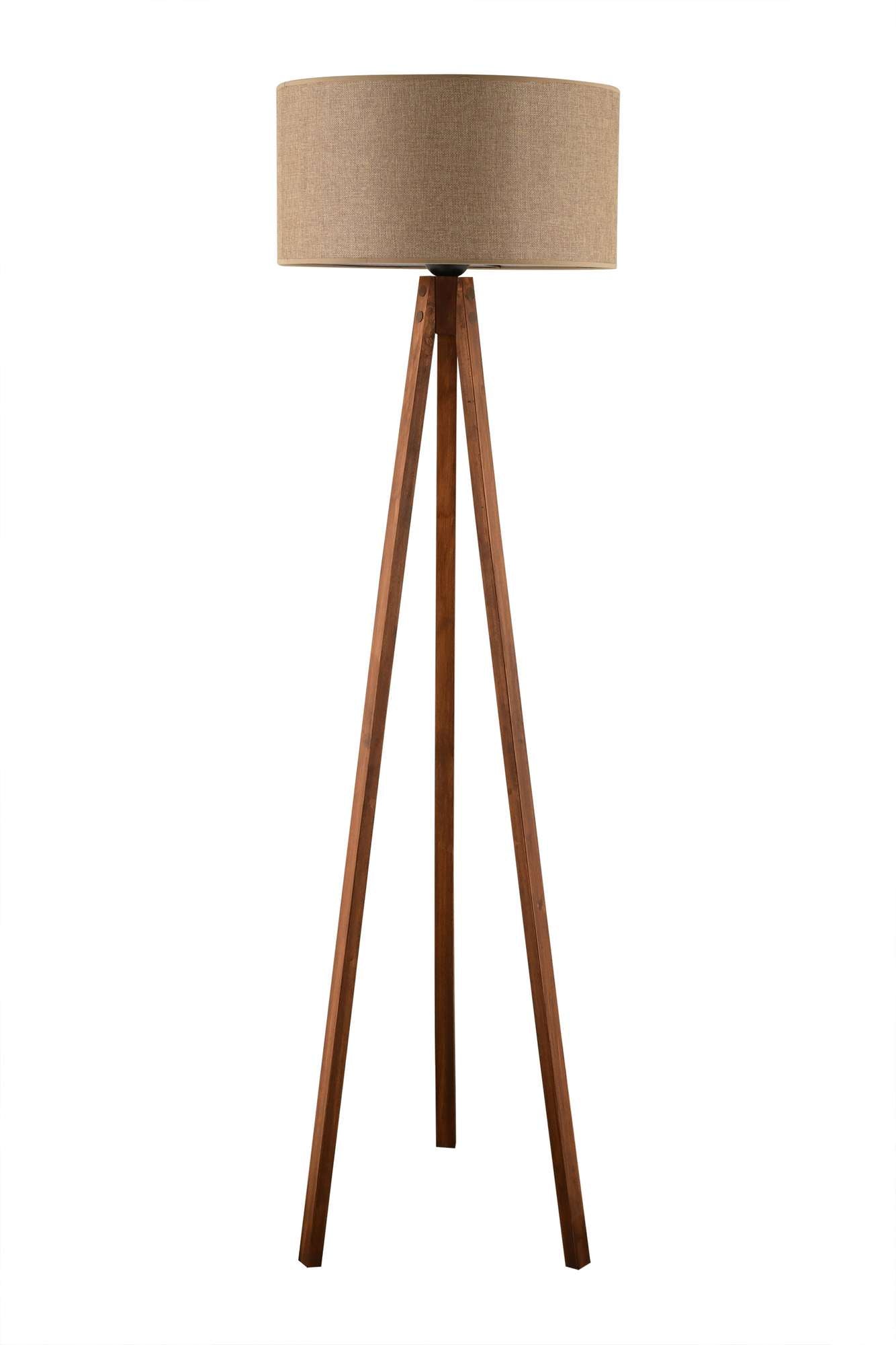 Candeeiro de Pé de Madeira – altura 140 cm – cor bege e noz – cúpula de tecido