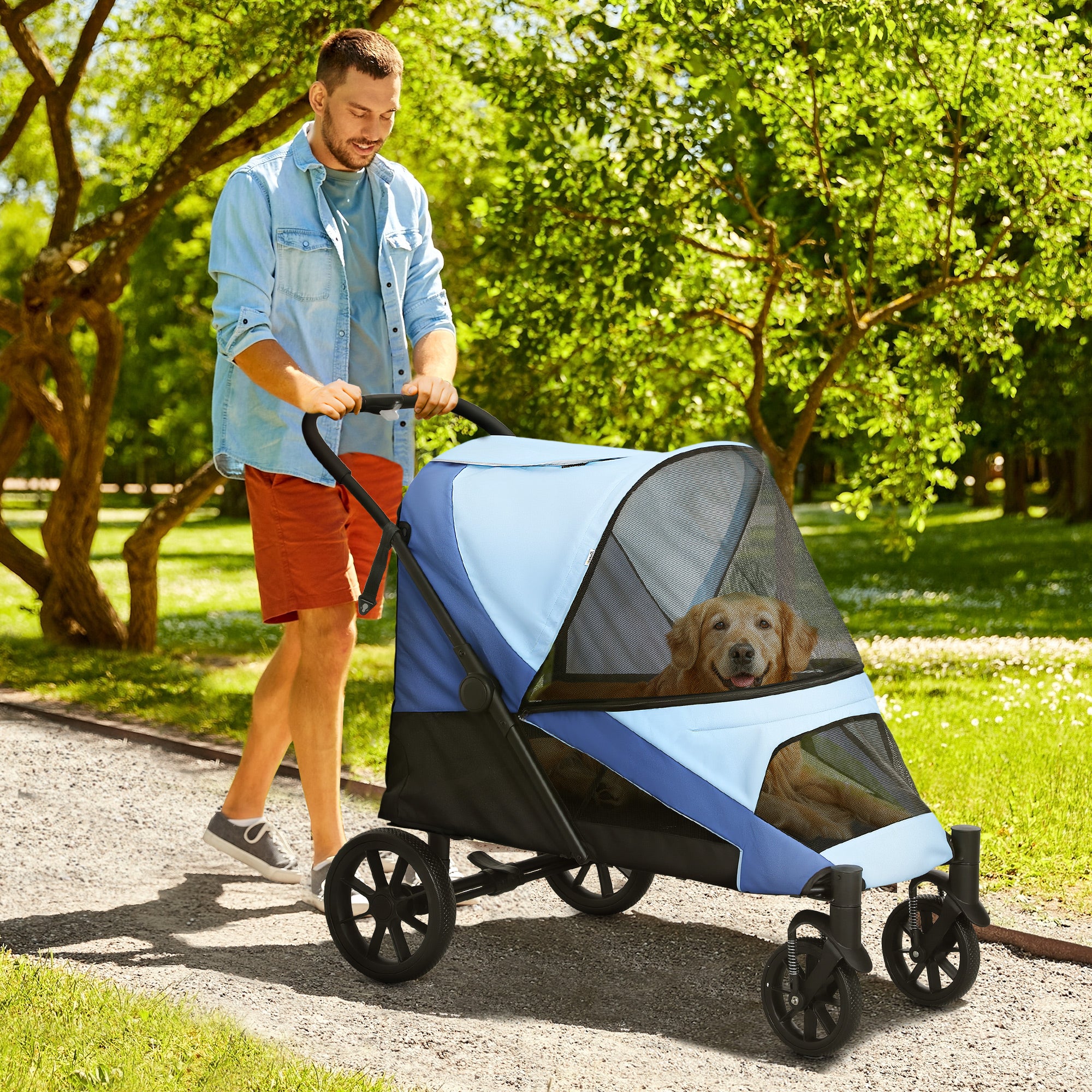 Carrinho para Cães Dobrável com Rodas Grandes 124x67x100 cm - Azul