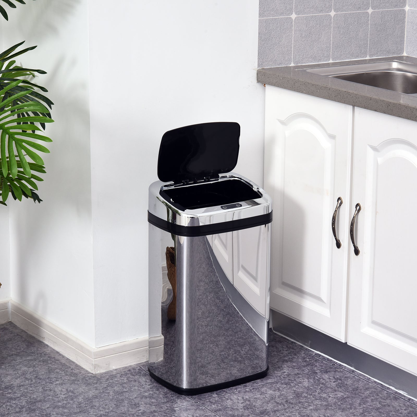 Balde de Lixo Inteligente de Aço Inoxidável 30L - 33x25x58 cm - Preto e Prata