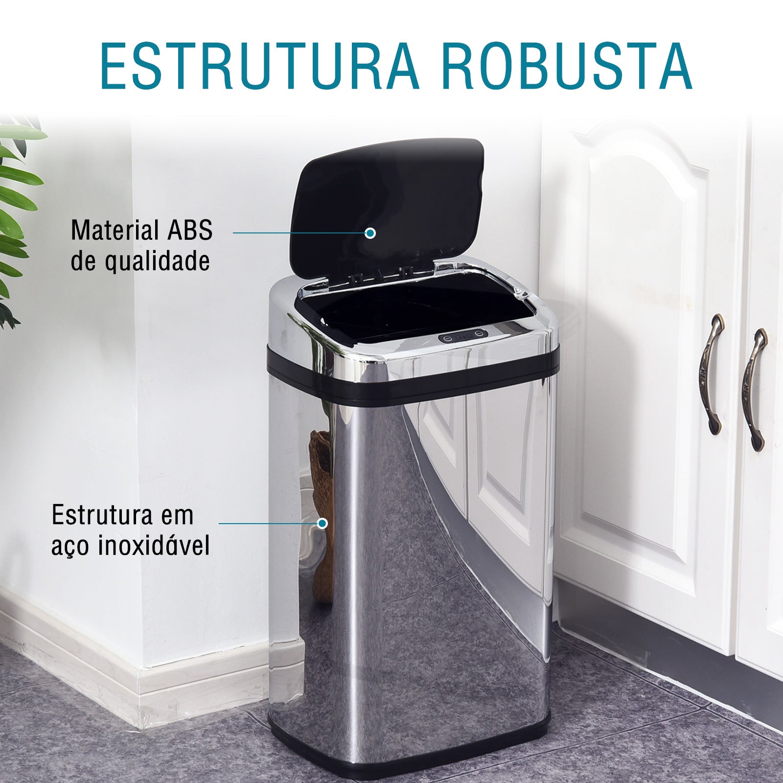Balde de Lixo Inteligente de Aço Inoxidável 30L - 33x25x58 cm - Preto e Prata