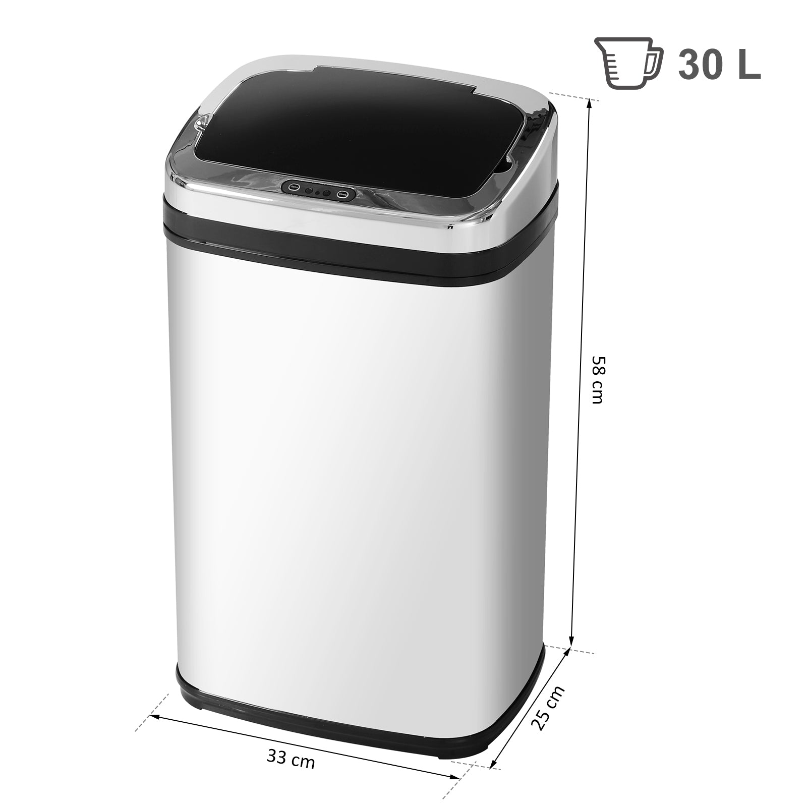 Balde de Lixo Inteligente de Aço Inoxidável 30L - 33x25x58 cm - Preto e Prata