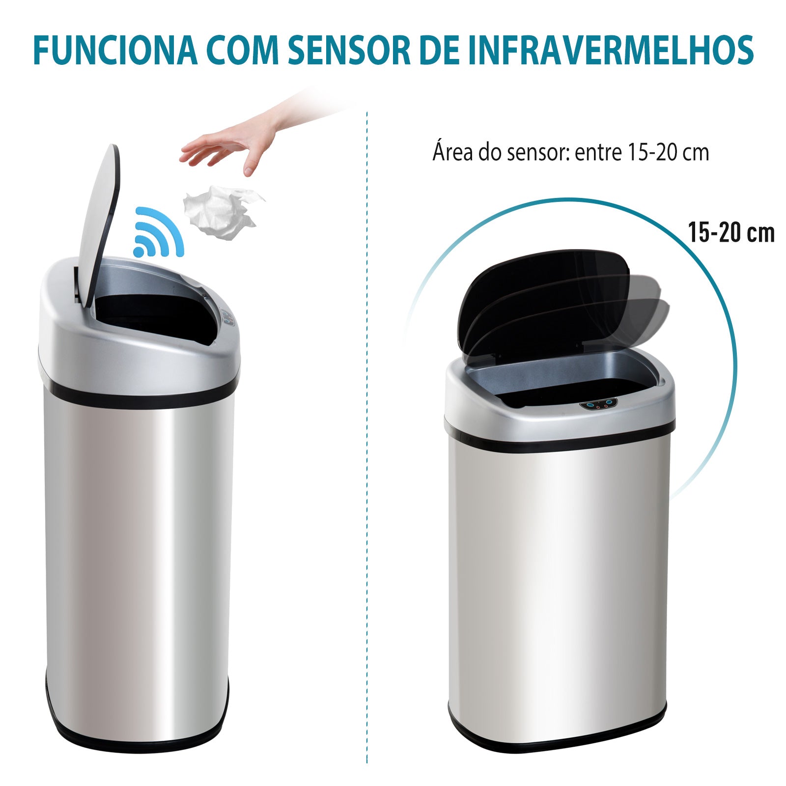 Balde de Lixo Inteligente de Aço Inoxidável 30L - 33x25x58 cm - Preto e Prata