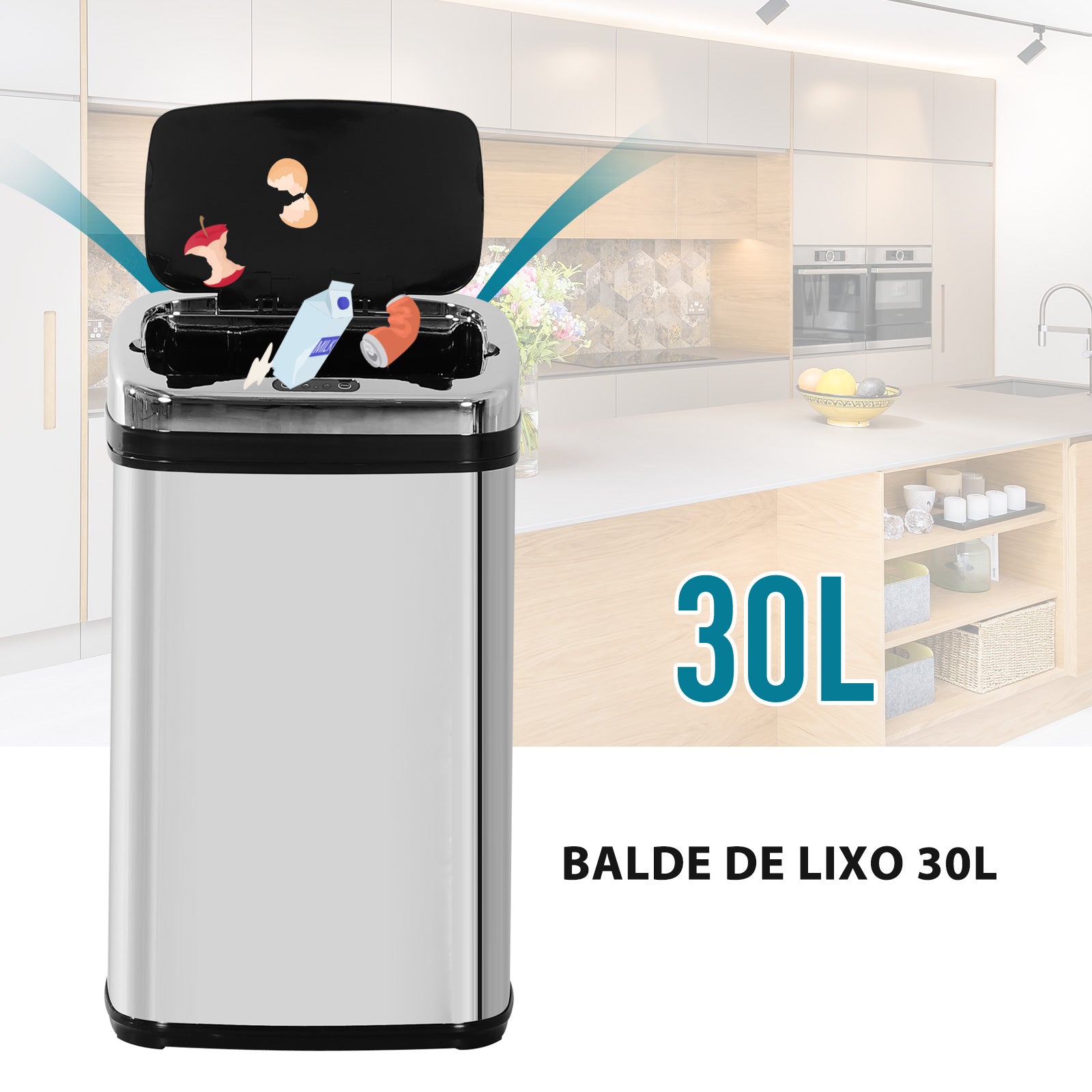 Balde de Lixo Inteligente de Aço Inoxidável 30L - 33x25x58 cm - Preto e Prata