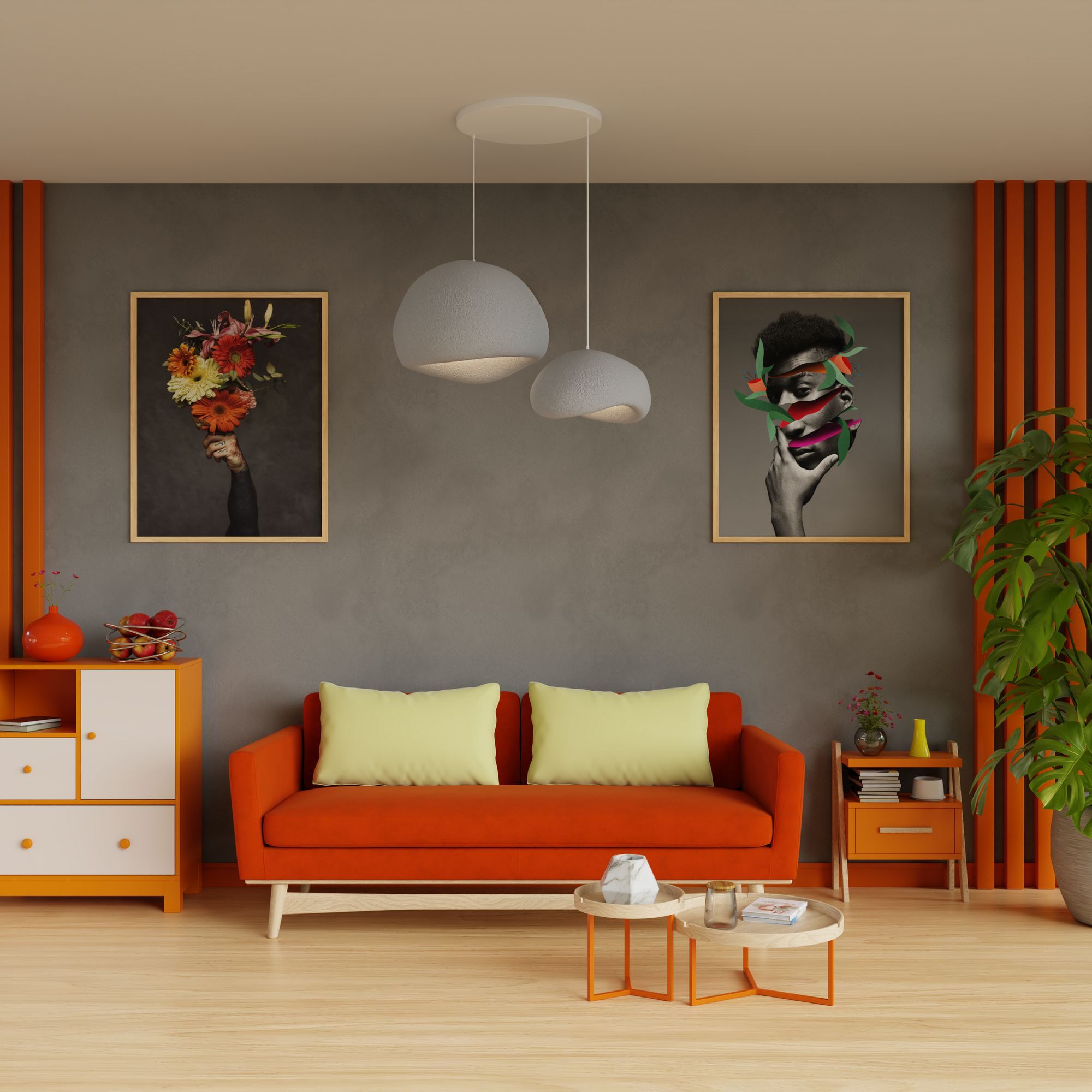 Candeeiro de Teto – 42 x 38 x 28 cm, 34 x 28 x 19 cm – Cinza Concreto – Composto Polimérico