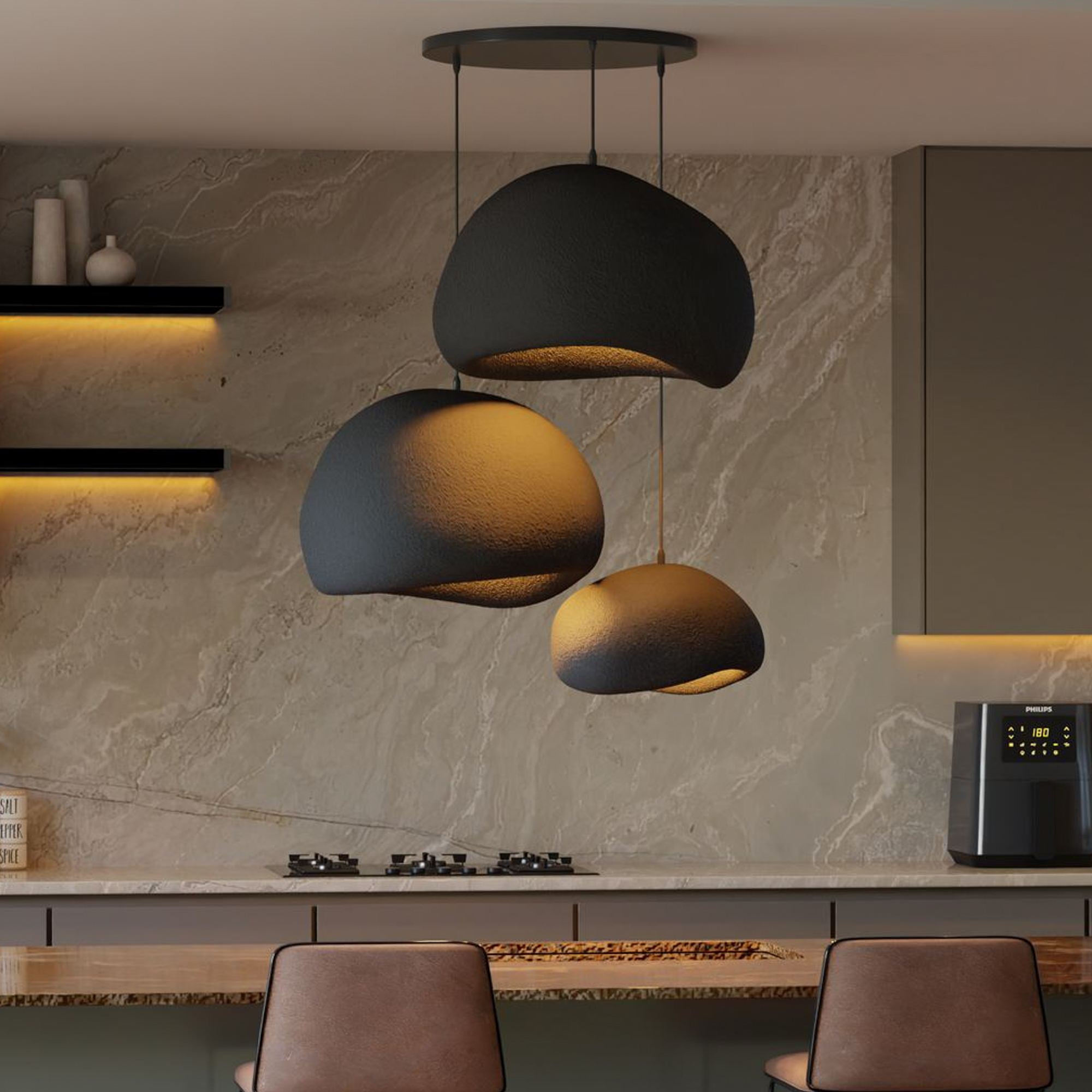 Candeeiro de Teto – 34 x 28 x 19 cm, 42 x 38 x 28 cm – Preto – Composto Polimérico