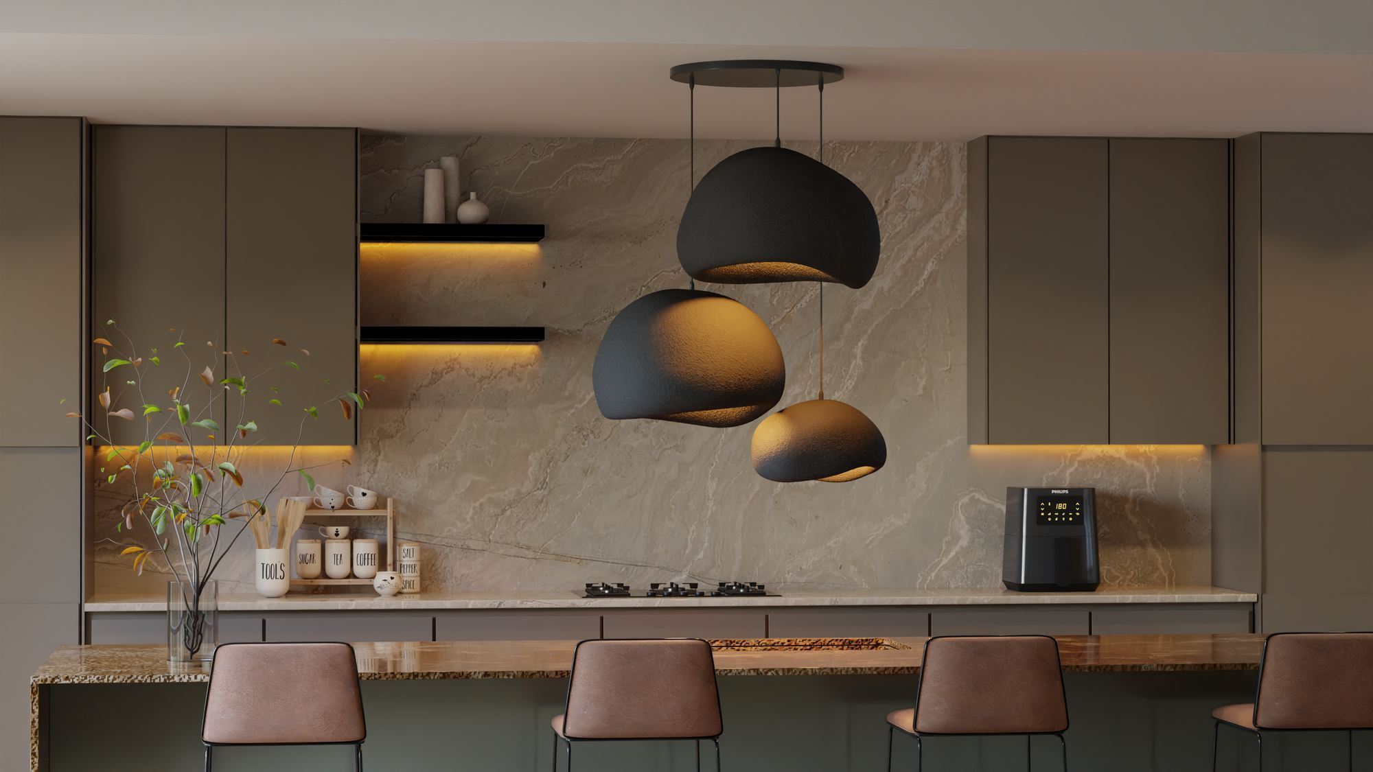 Candeeiro de Teto – 34 x 28 x 19 cm, 42 x 38 x 28 cm – Preto – Composto Polimérico