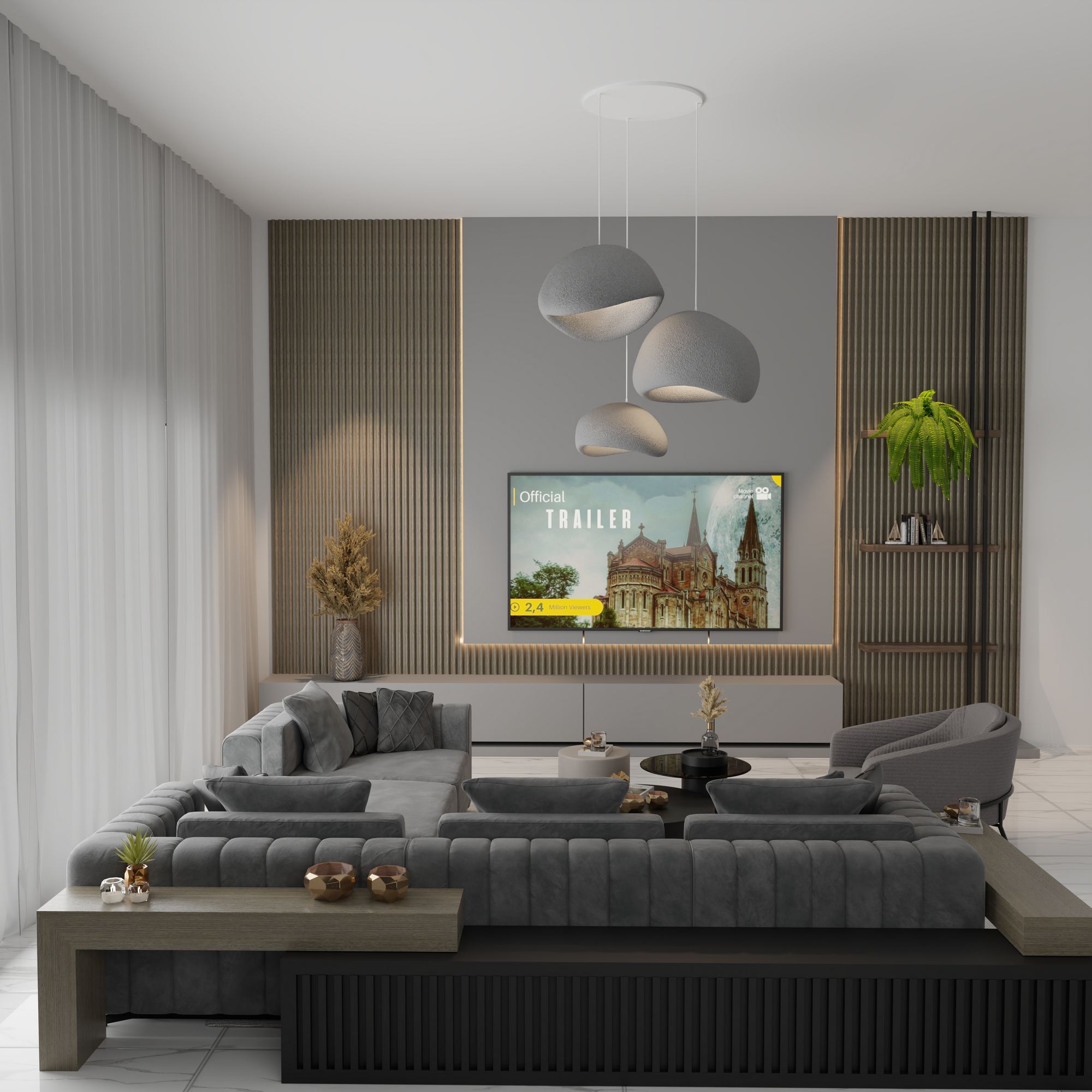 Candeeiro de Teto – 50 x 37 x 28 cm – Cinza Concreto – Composto Polimérico