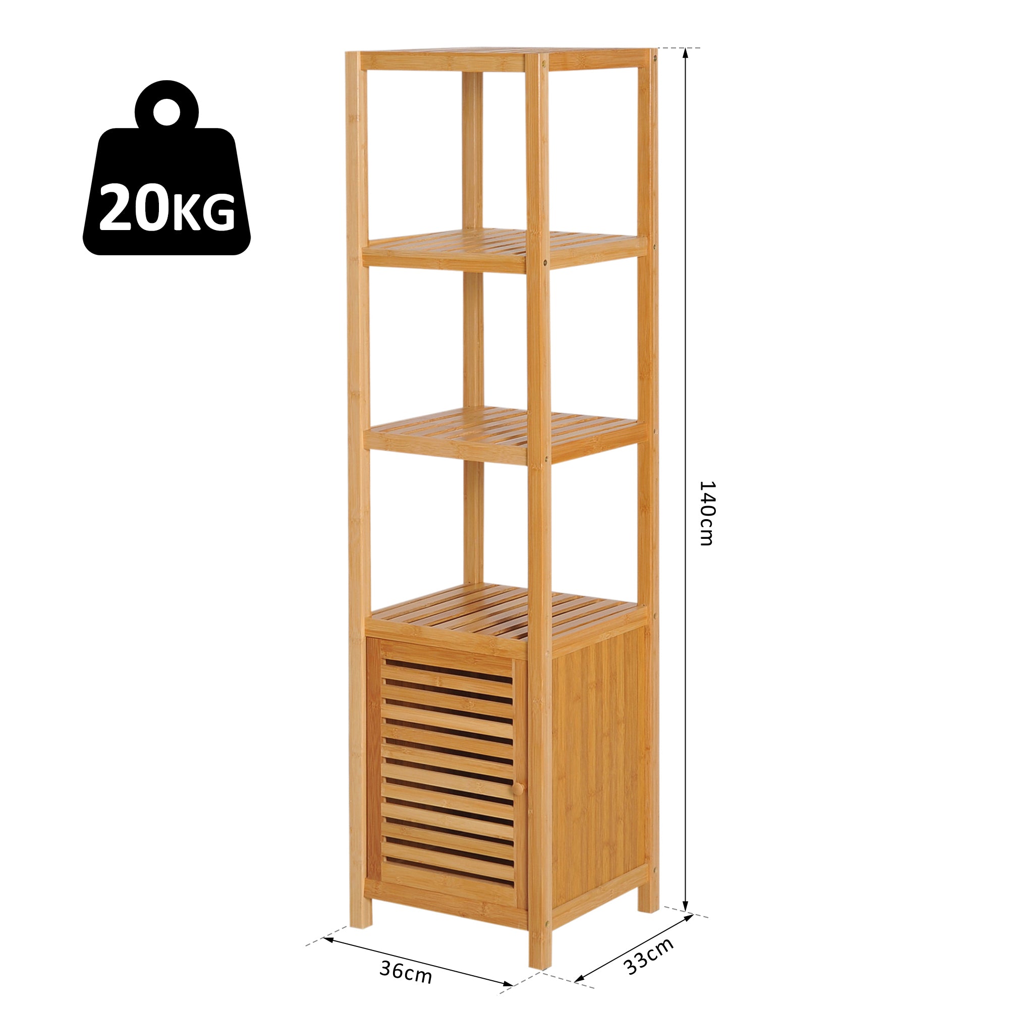 Estante de Bambu para Banheiro 4 Níveis 1 Porta 36x33x140cm - Bambu Natural