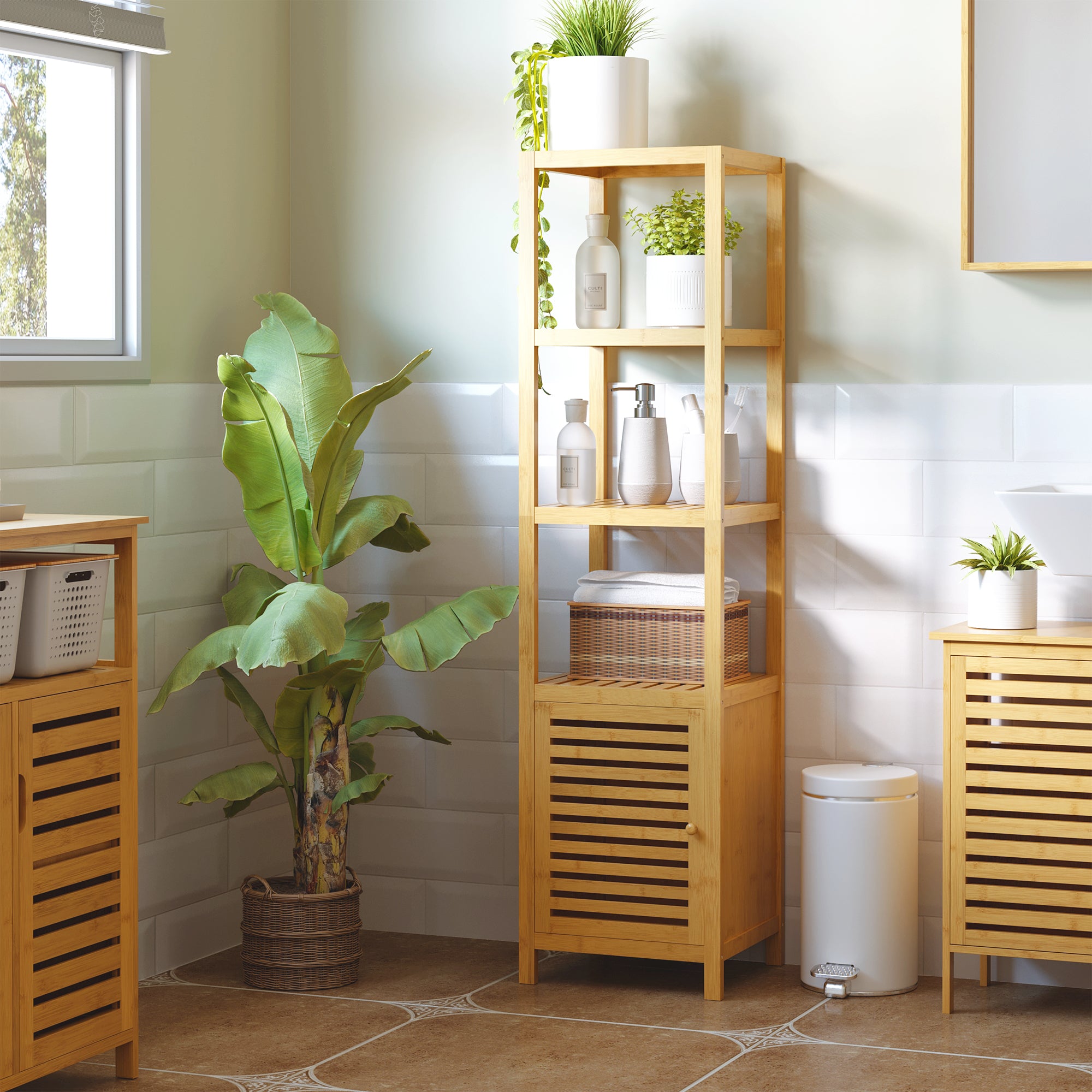 Estante de Bambu para Banheiro 4 Níveis 1 Porta 36x33x140cm - Bambu Natural