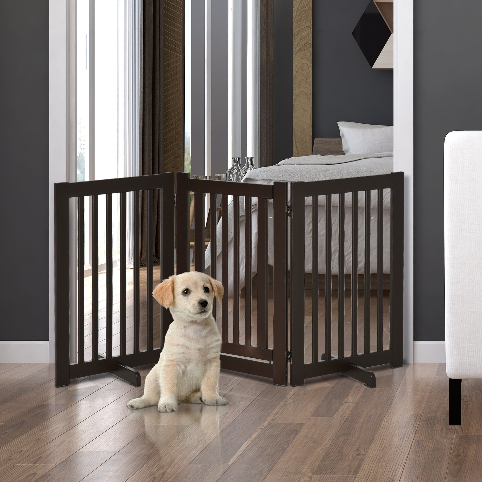 Barreira para Cães de Madeira Dobrável 3 Painéis 155x35,5x76 cm Marrom Escuro