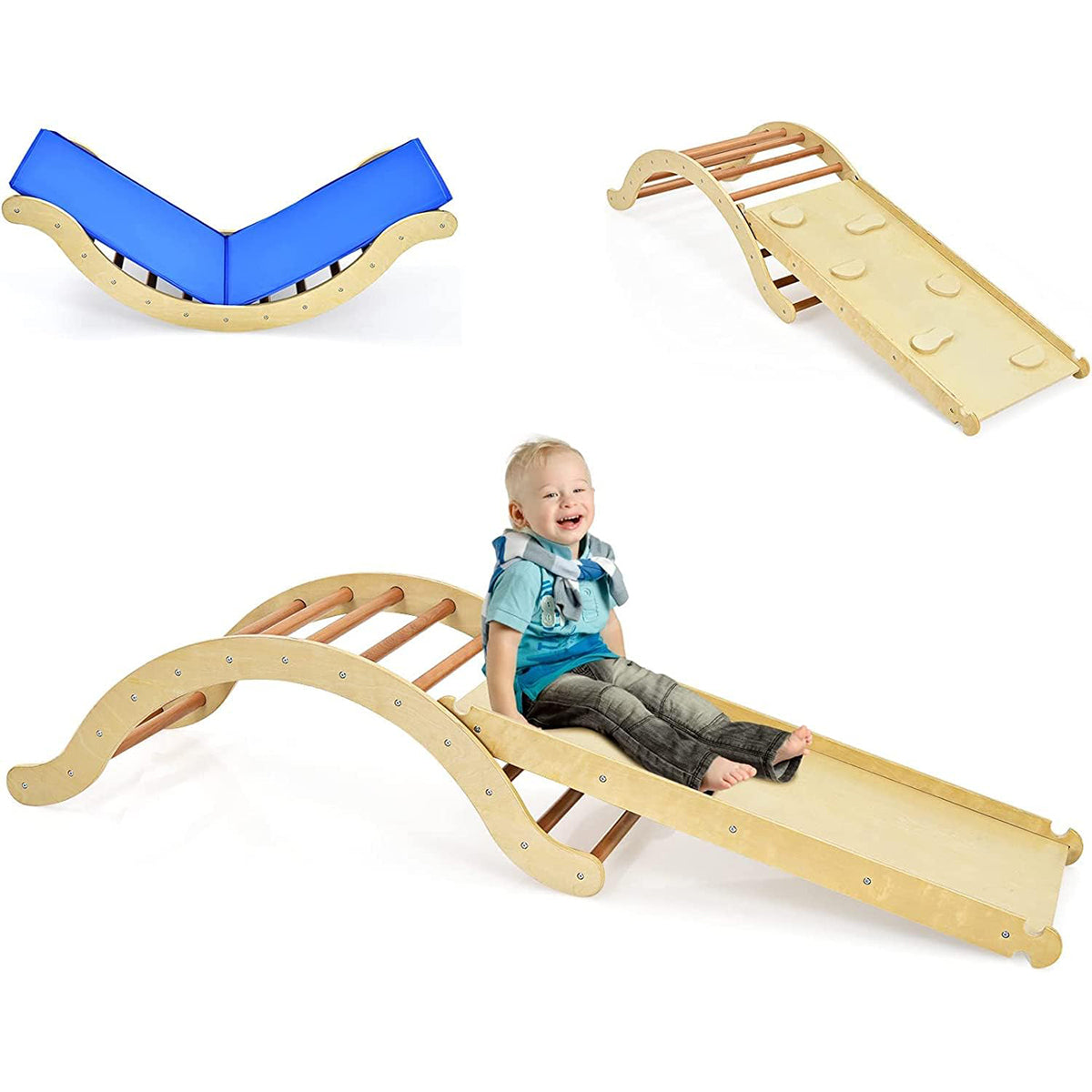 Conjunto 3 em 1 Escada Dobrável para Crianças – Suporta 60 kg – Natural