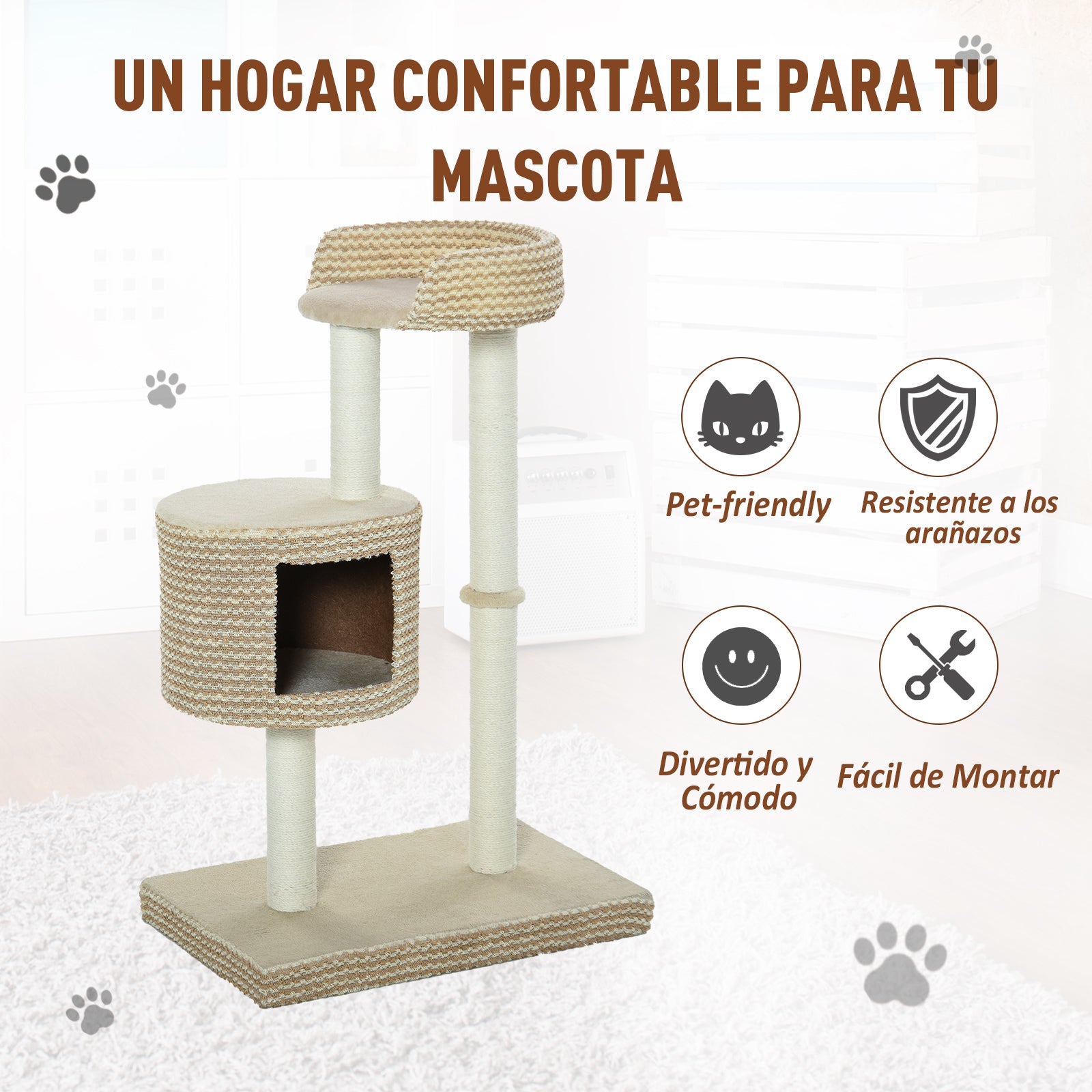 Árvore para Gatos com Caverna de Pelúcia e Postes de Juta - 61x41x96 cm - Bege e Café
