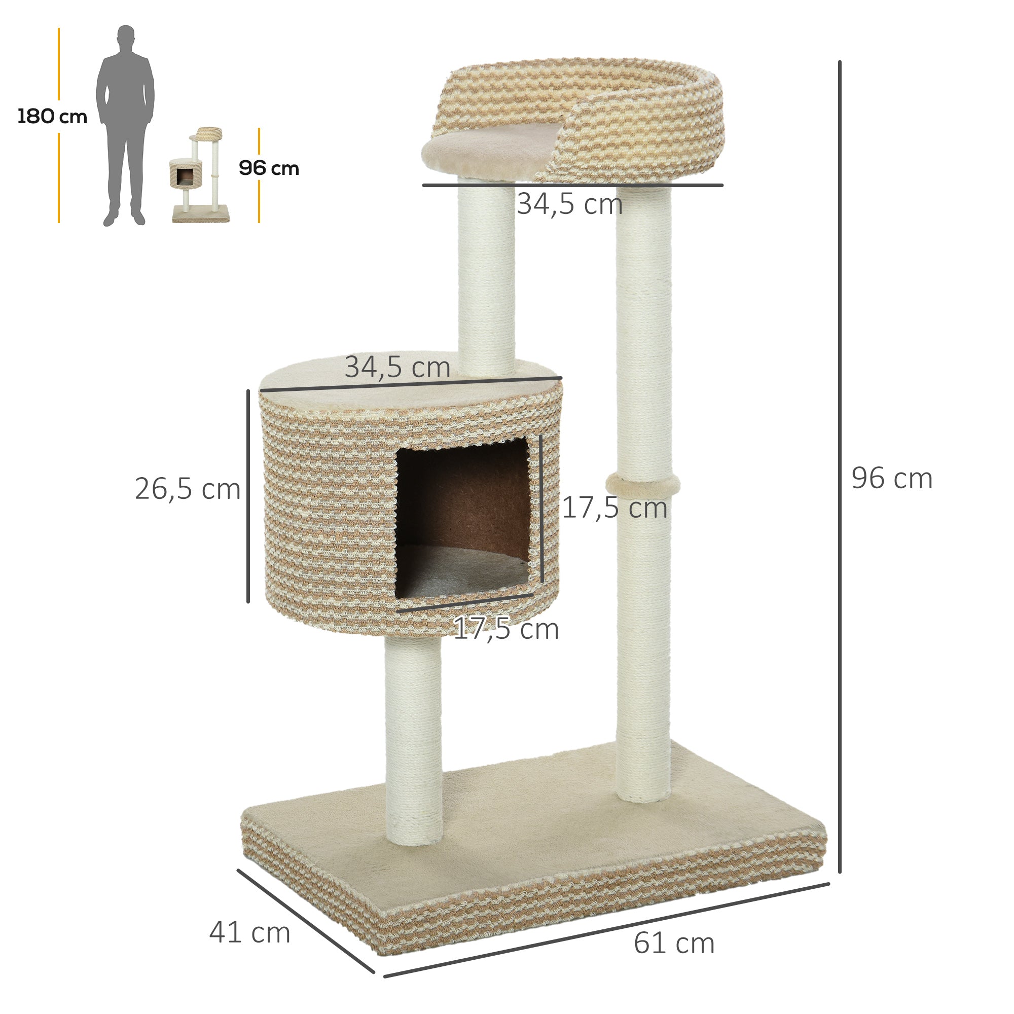 Árvore para Gatos com Caverna de Pelúcia e Postes de Juta - 61x41x96 cm - Bege e Café