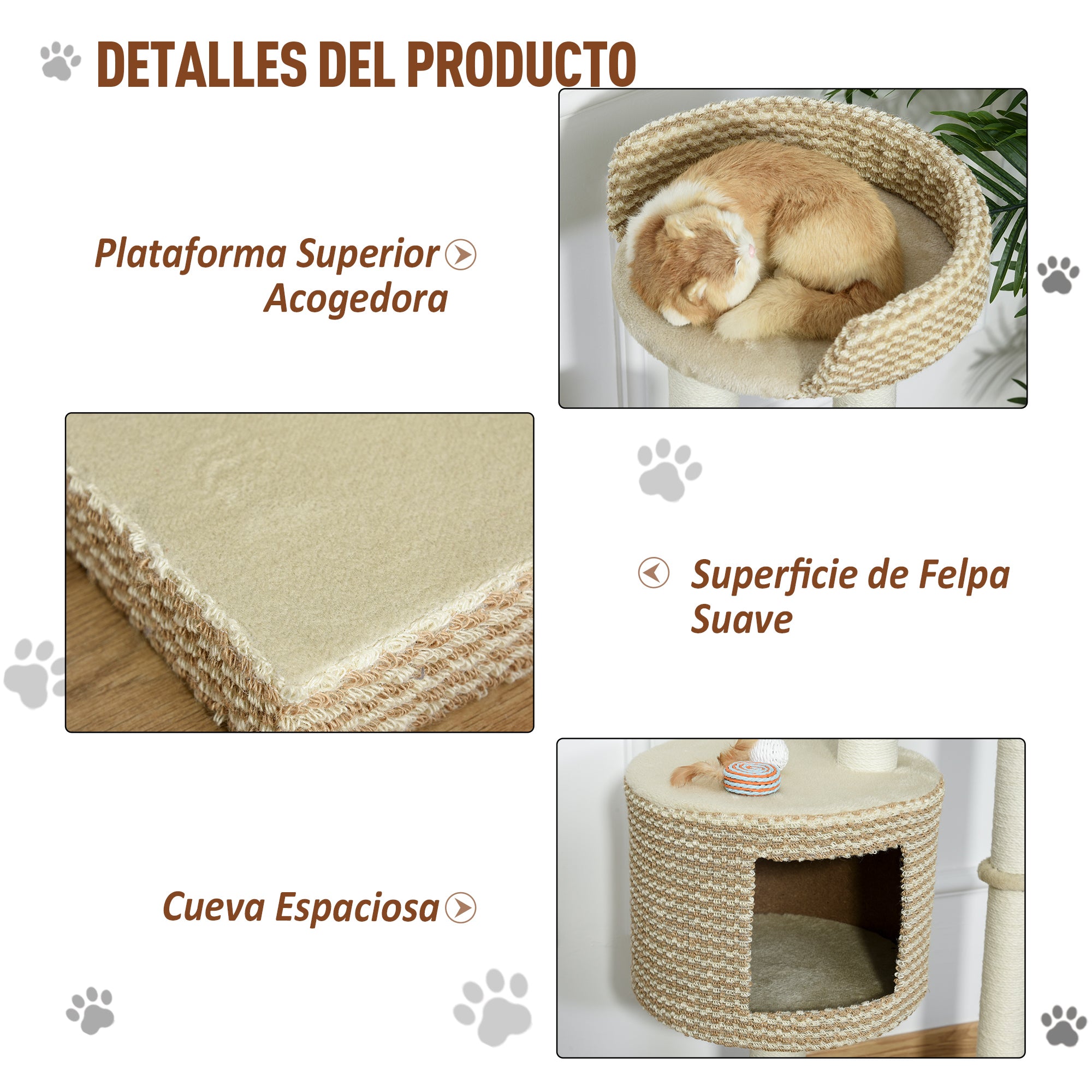 Árvore para Gatos com Caverna de Pelúcia e Postes de Juta - 61x41x96 cm - Bege e Café