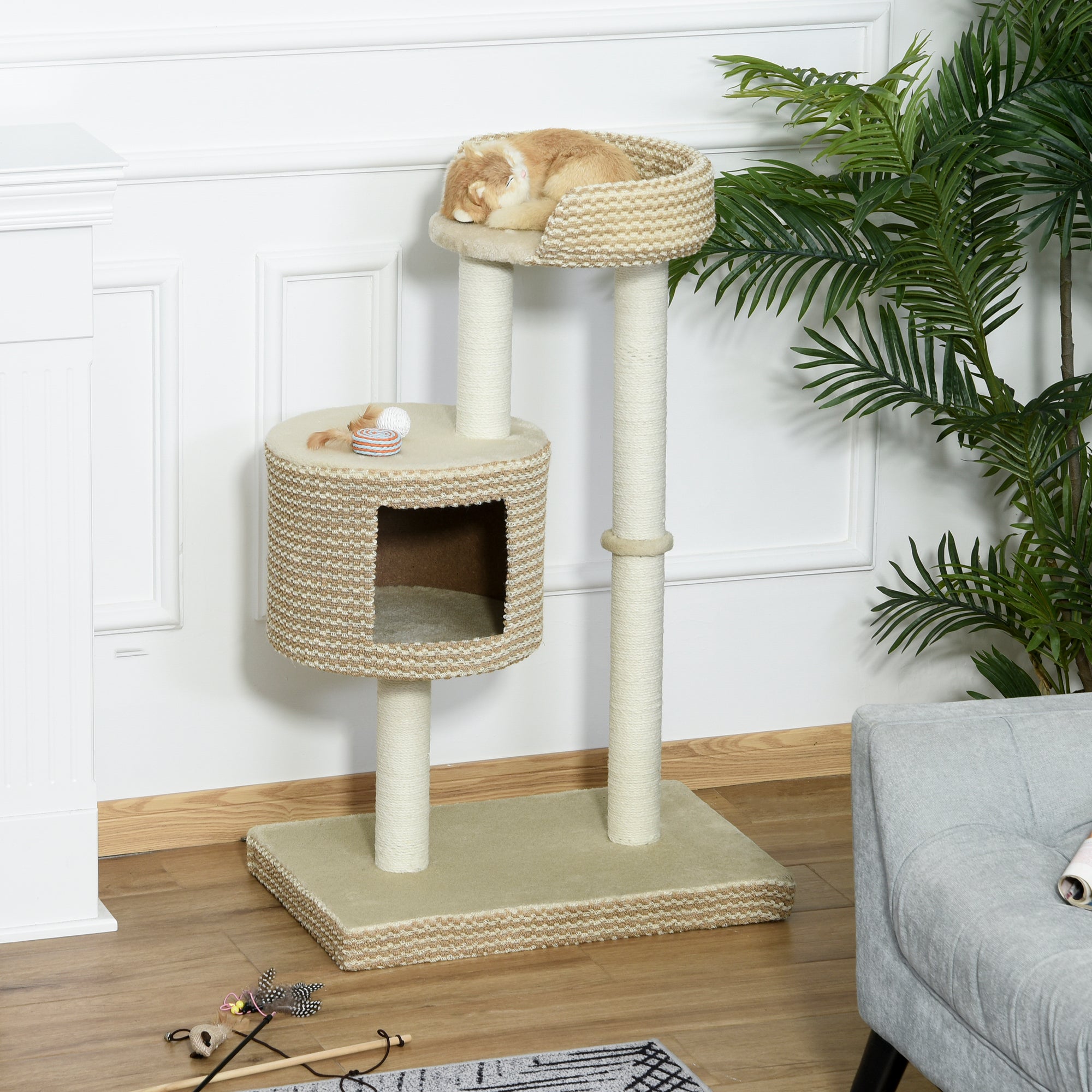 Árvore para Gatos com Caverna de Pelúcia e Postes de Juta - 61x41x96 cm - Bege e Café