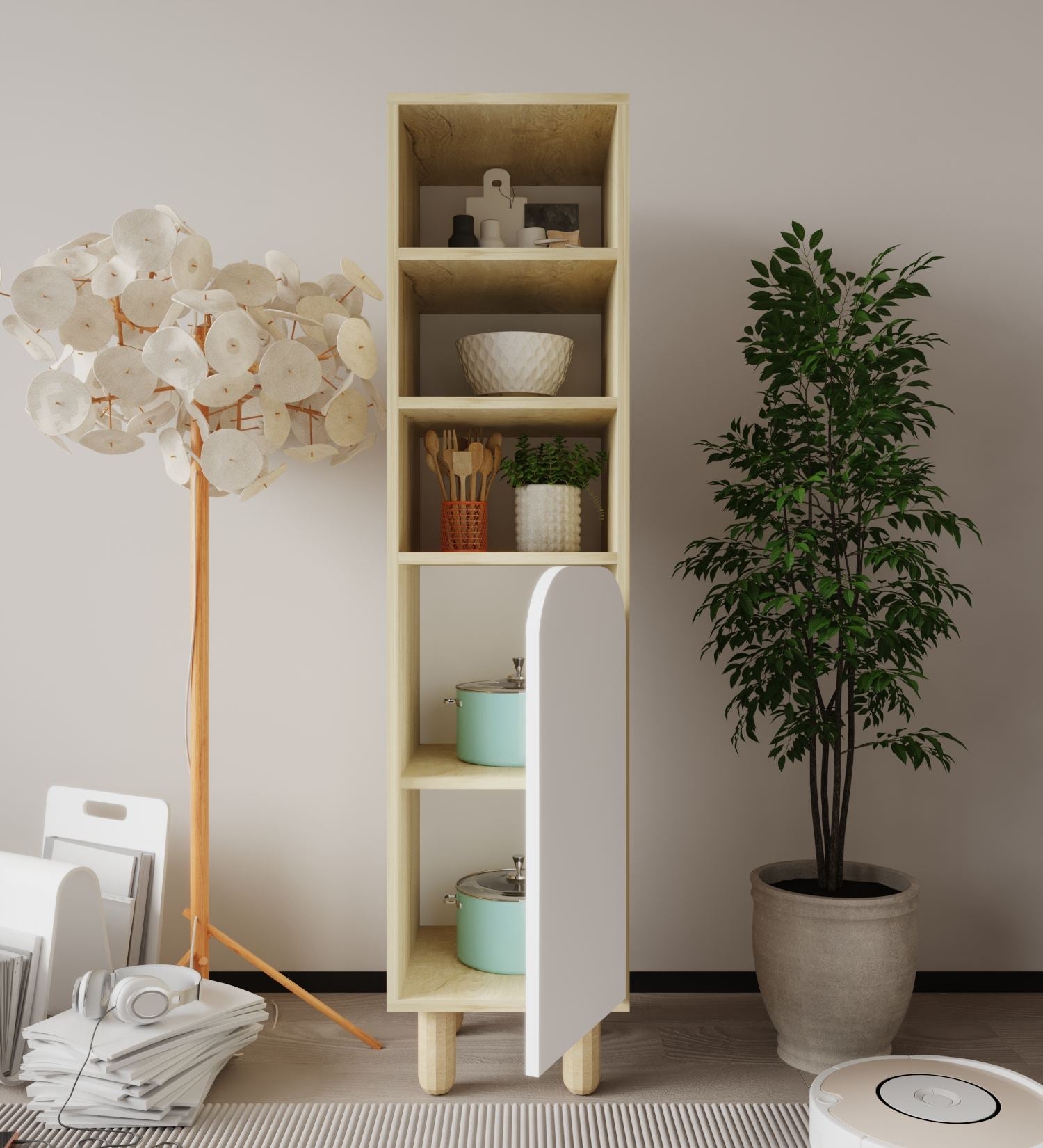 Armário multiuso – 37 cm x 155 cm x 40 cm – Carvalho Safira e Branco – Aglomerado revestido de melamina