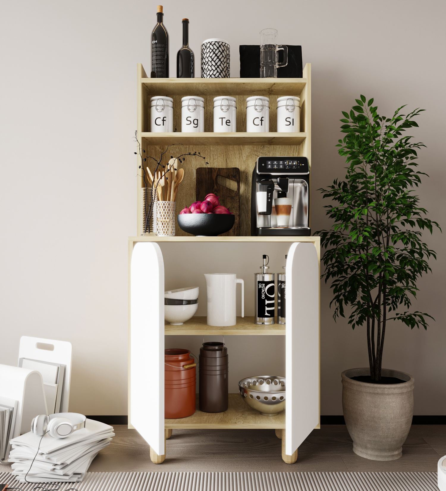 Armário Multiuso – 70 cm x 155 cm x 40 cm – Carvalho Safira e Branco – Aglomerado revestido de melamina