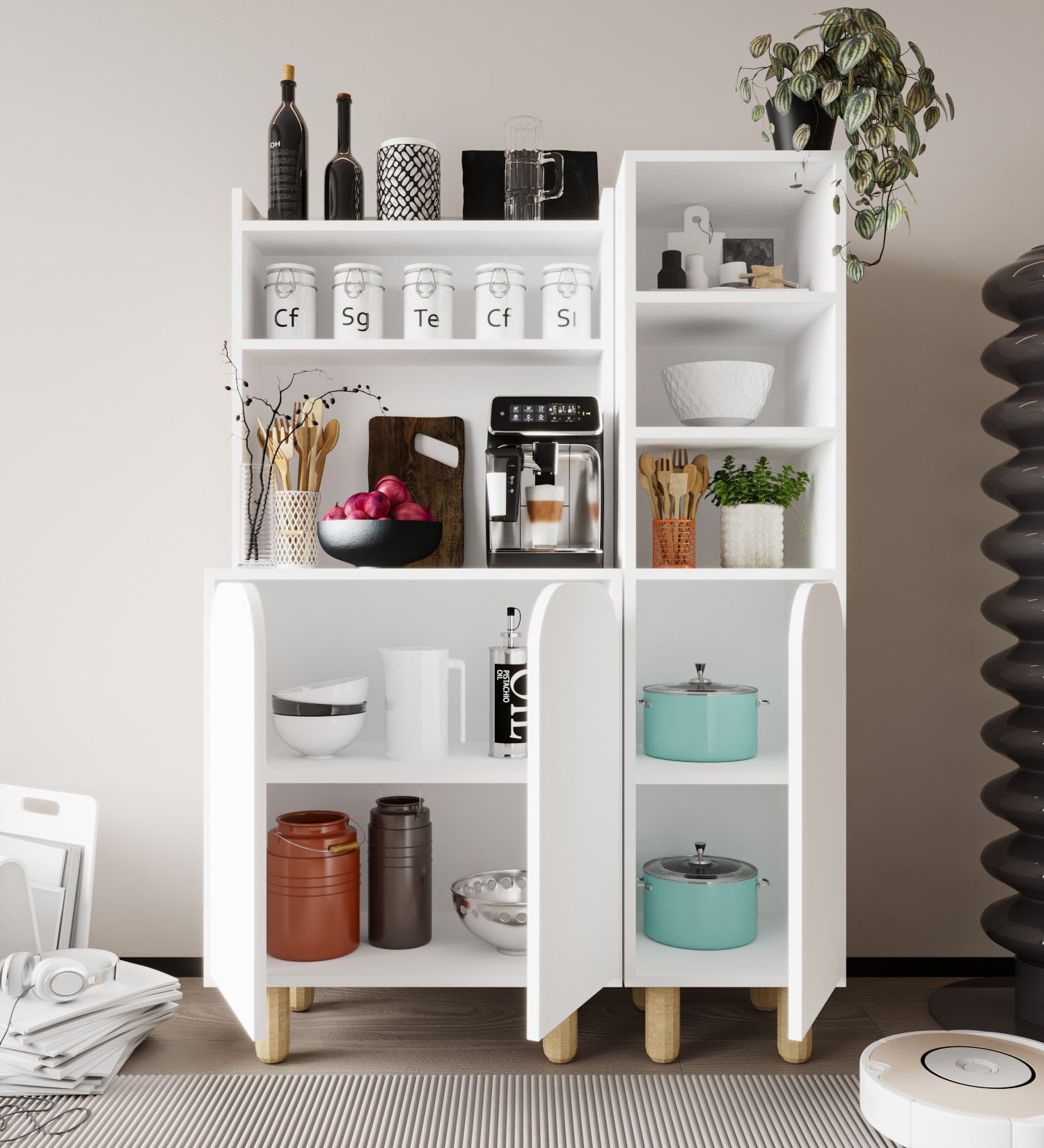 Armário Multiuso – 105 cm x 155 cm x 40 cm – Branco – Aglomerado com pernas em madeira