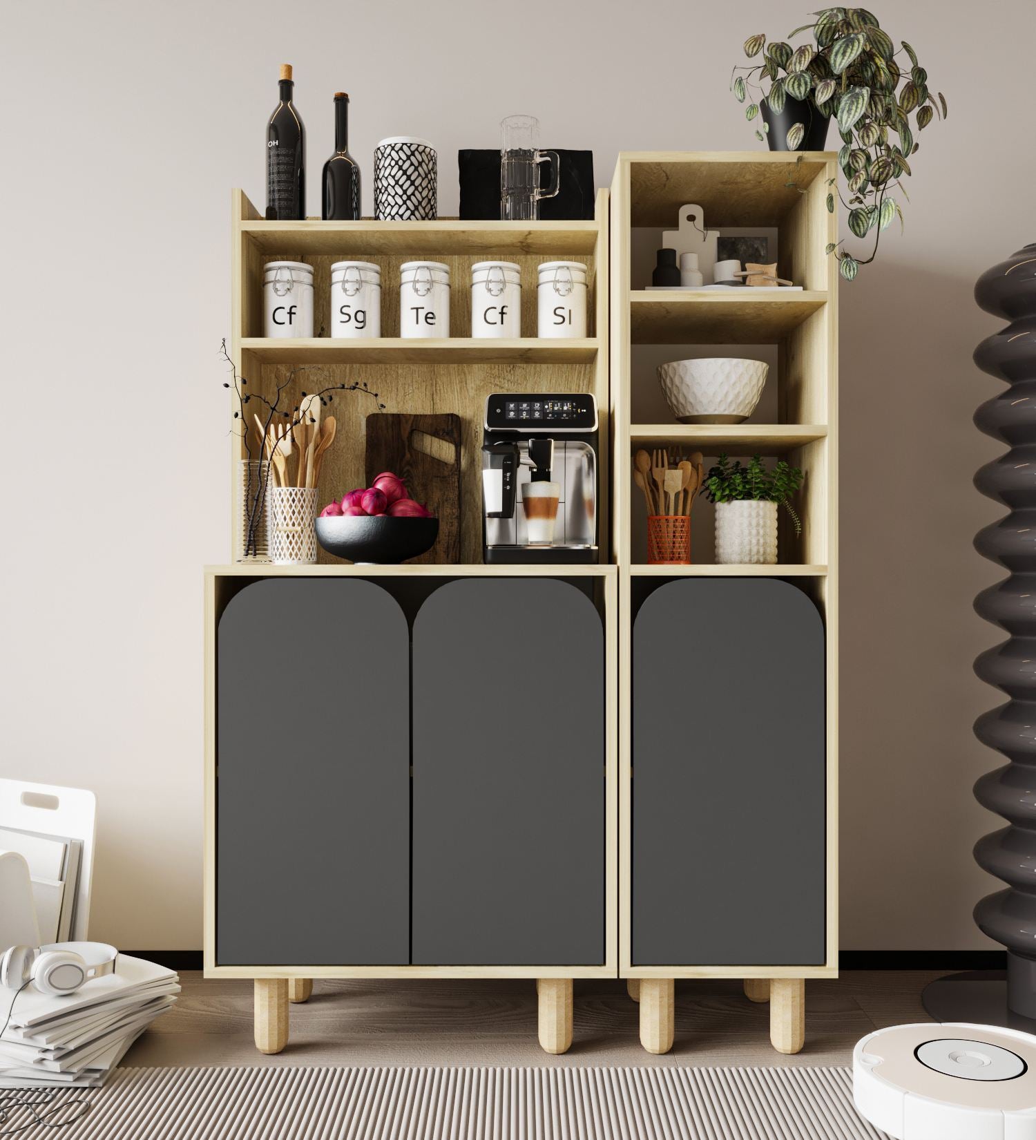 Armário Multiuso – 105 cm x 155 cm x 40 cm – Carvalho Safira e Antracite – Aglomerado