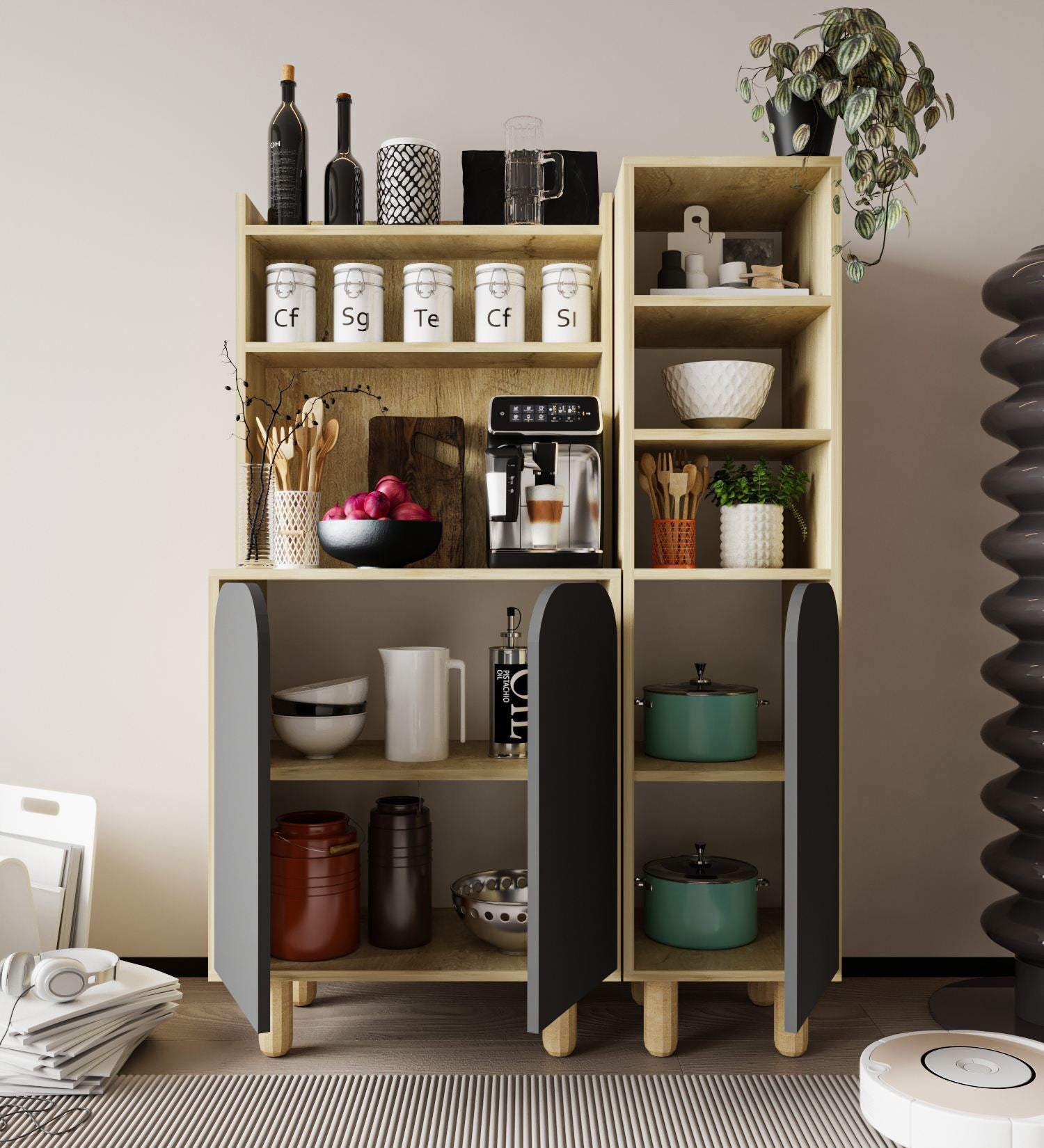 Armário Multiuso – 105 cm x 155 cm x 40 cm – Carvalho Safira e Antracite – Aglomerado