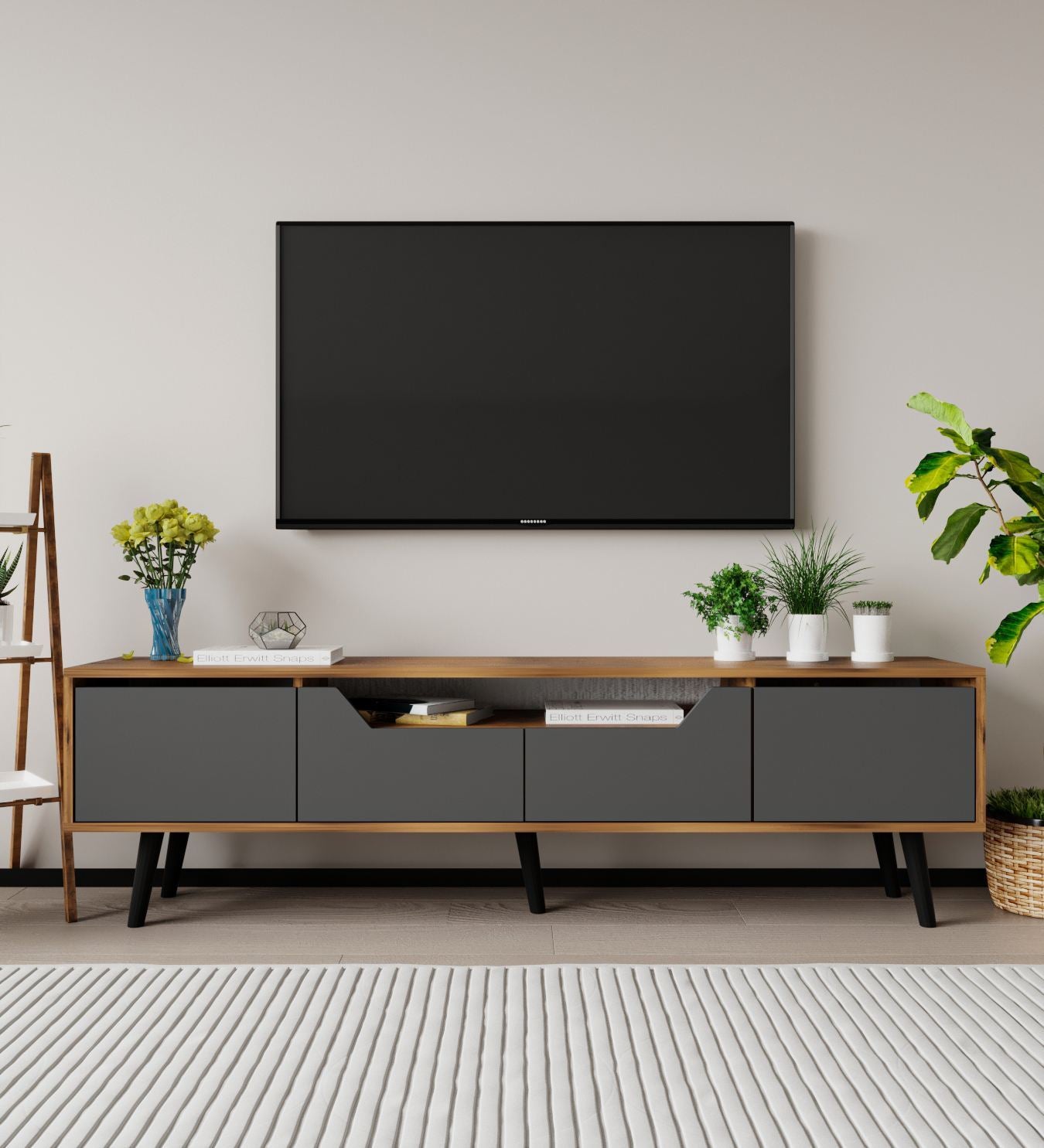 Móvel de TV – 180 cm – Nogueira e Antracite – Aglomerado com melamina