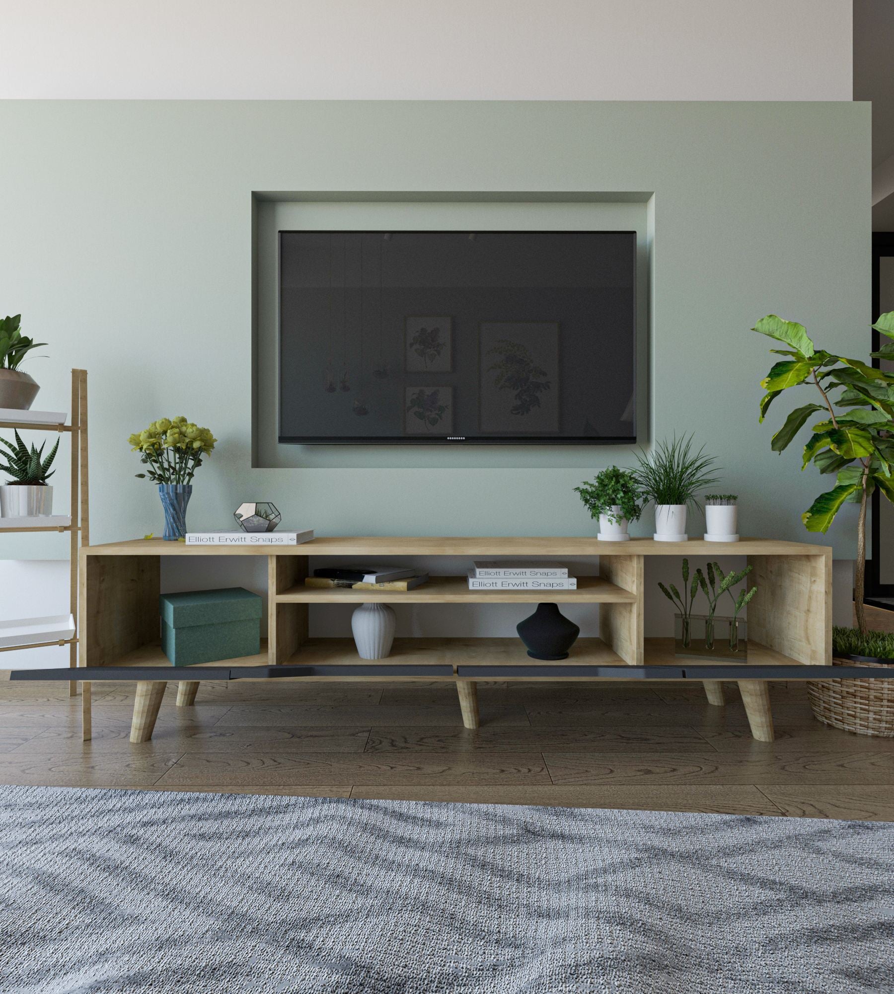 Móvel de TV – 180 cm – Carvalho Safira e Antracite – Aglomerado revestido de melamina