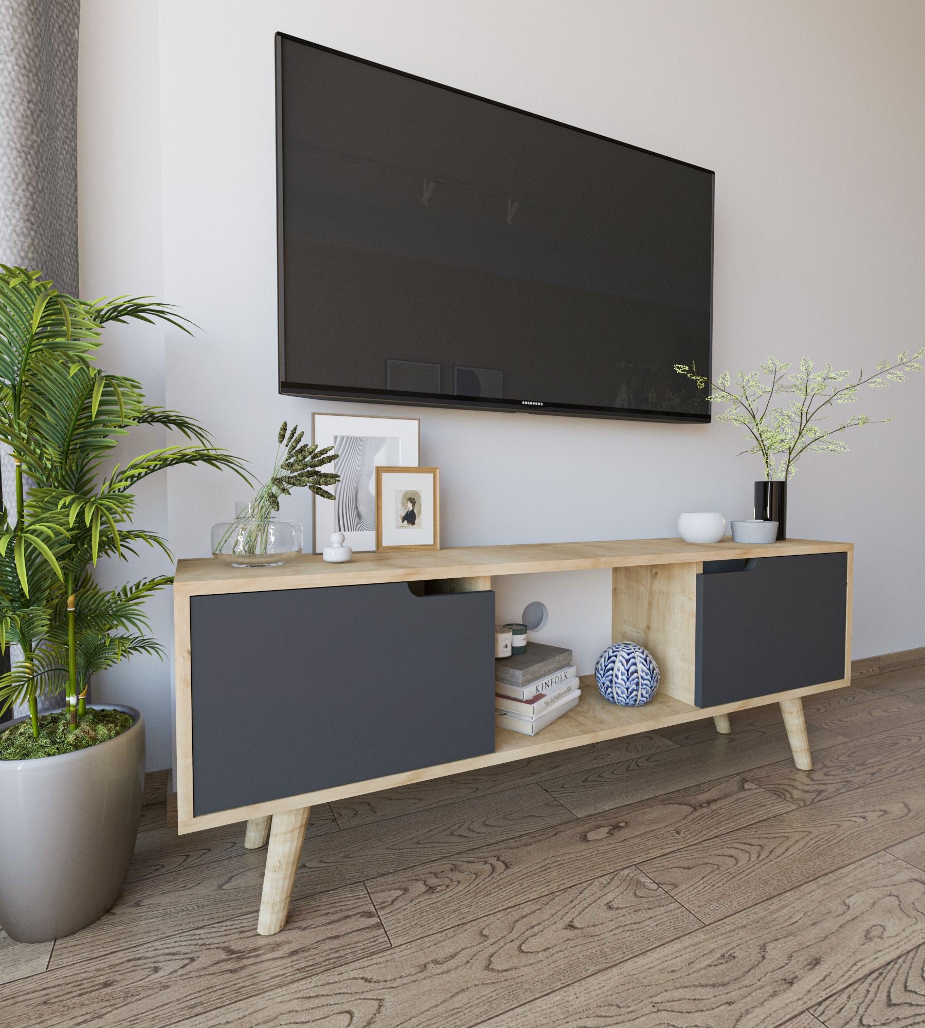 Móvel de TV – 139,7 cm x 53 cm x 53 cm – Carvalho Safira e Antracite – Aglomerado com melamina