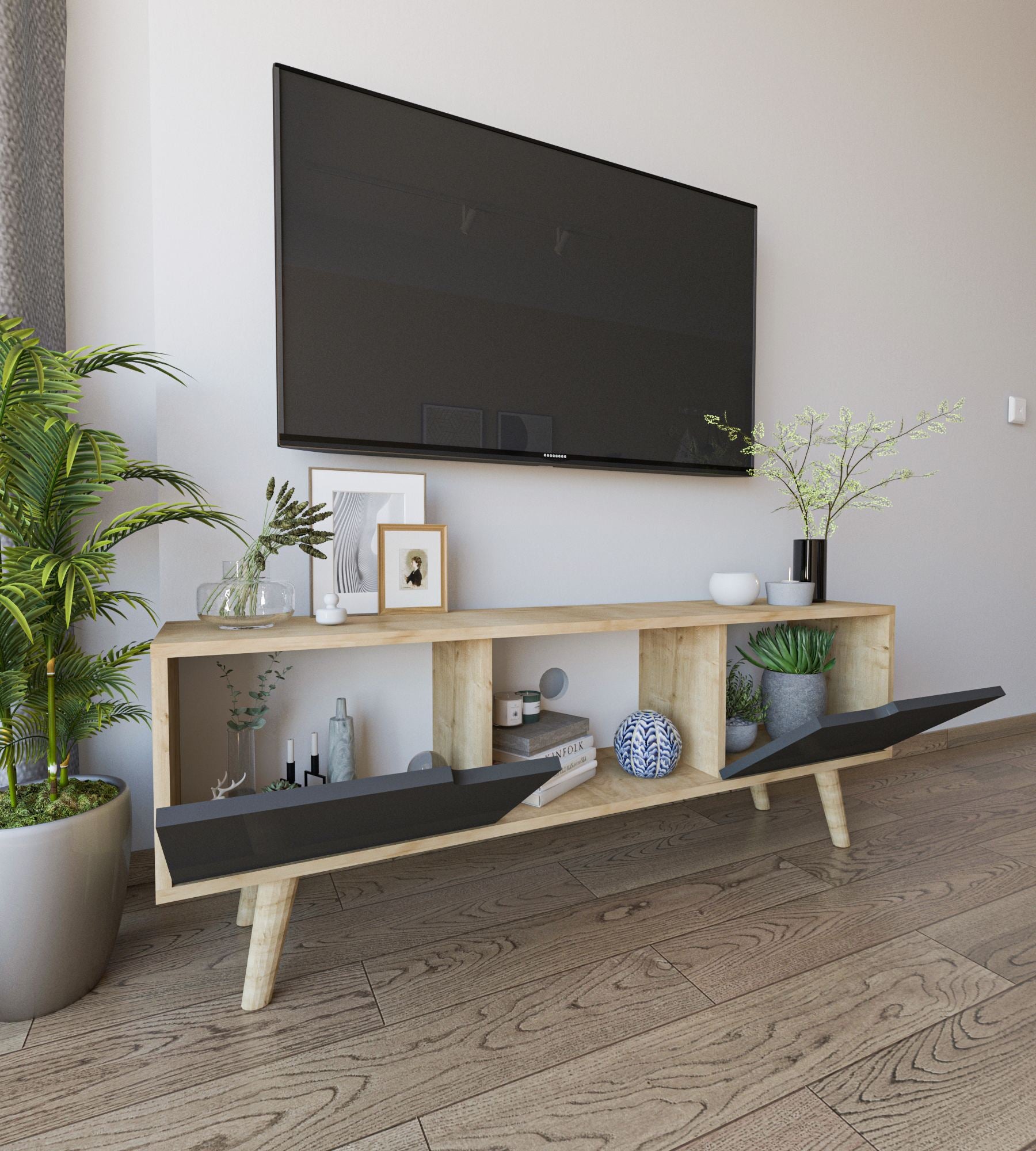 Móvel de TV – 139,7 cm x 53 cm x 53 cm – Carvalho Safira e Antracite – Aglomerado com melamina