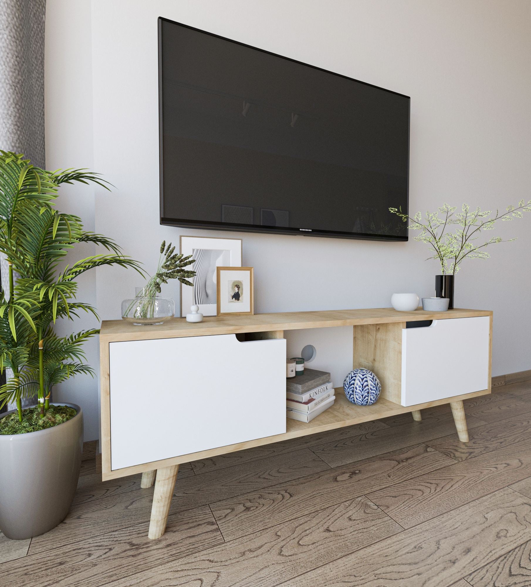 Estante para TV – 139,7 cm x 53 cm x 53 cm – Carvalho Safira e Branco – Aglomerado