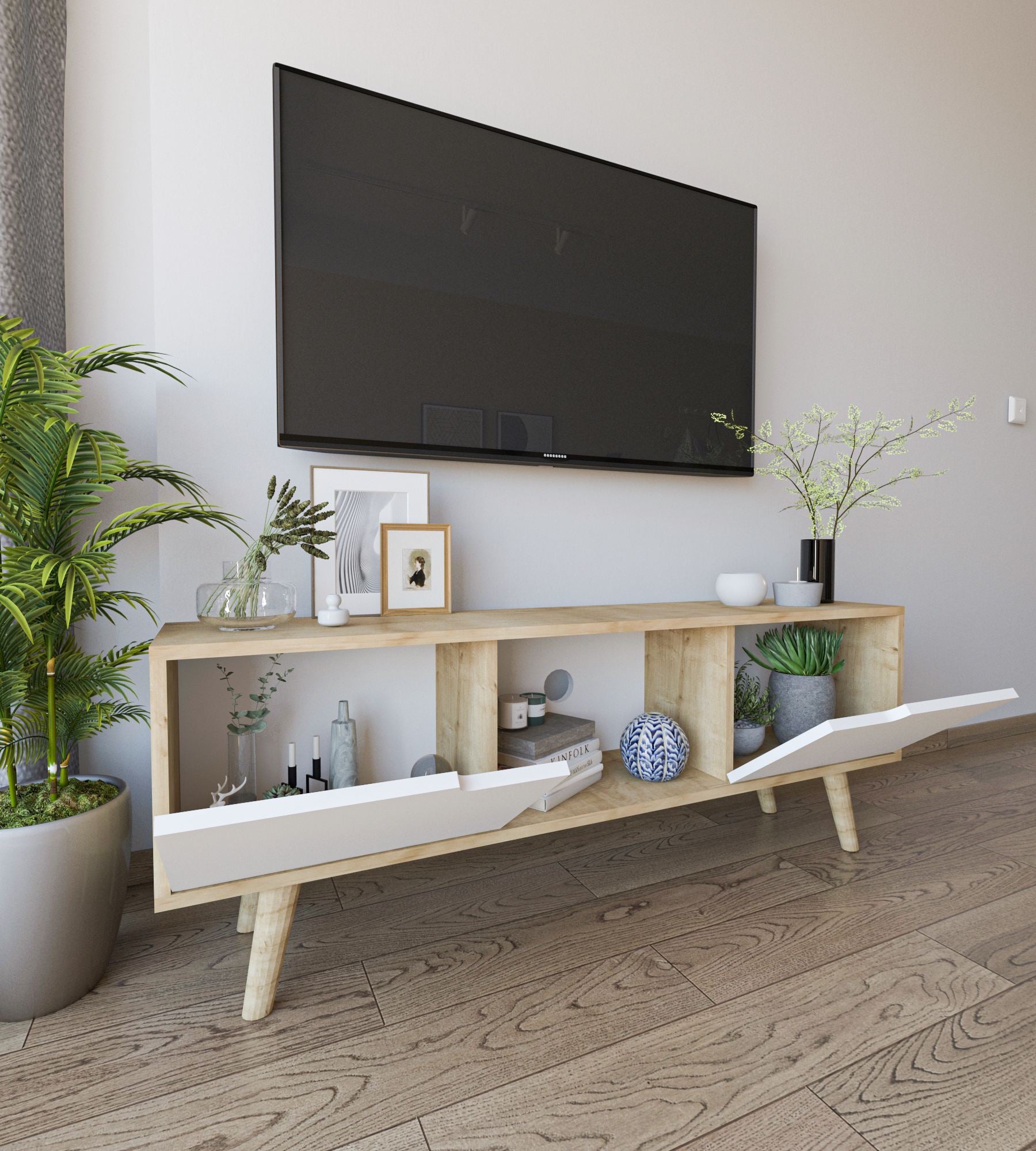 Estante para TV – 139,7 cm x 53 cm x 53 cm – Carvalho Safira e Branco – Aglomerado