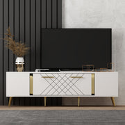 Móvel de TV moderno – 150 cm x 48,2 cm x 35 cm – Branco e Dourado – Painel de partículas revestido a melamina