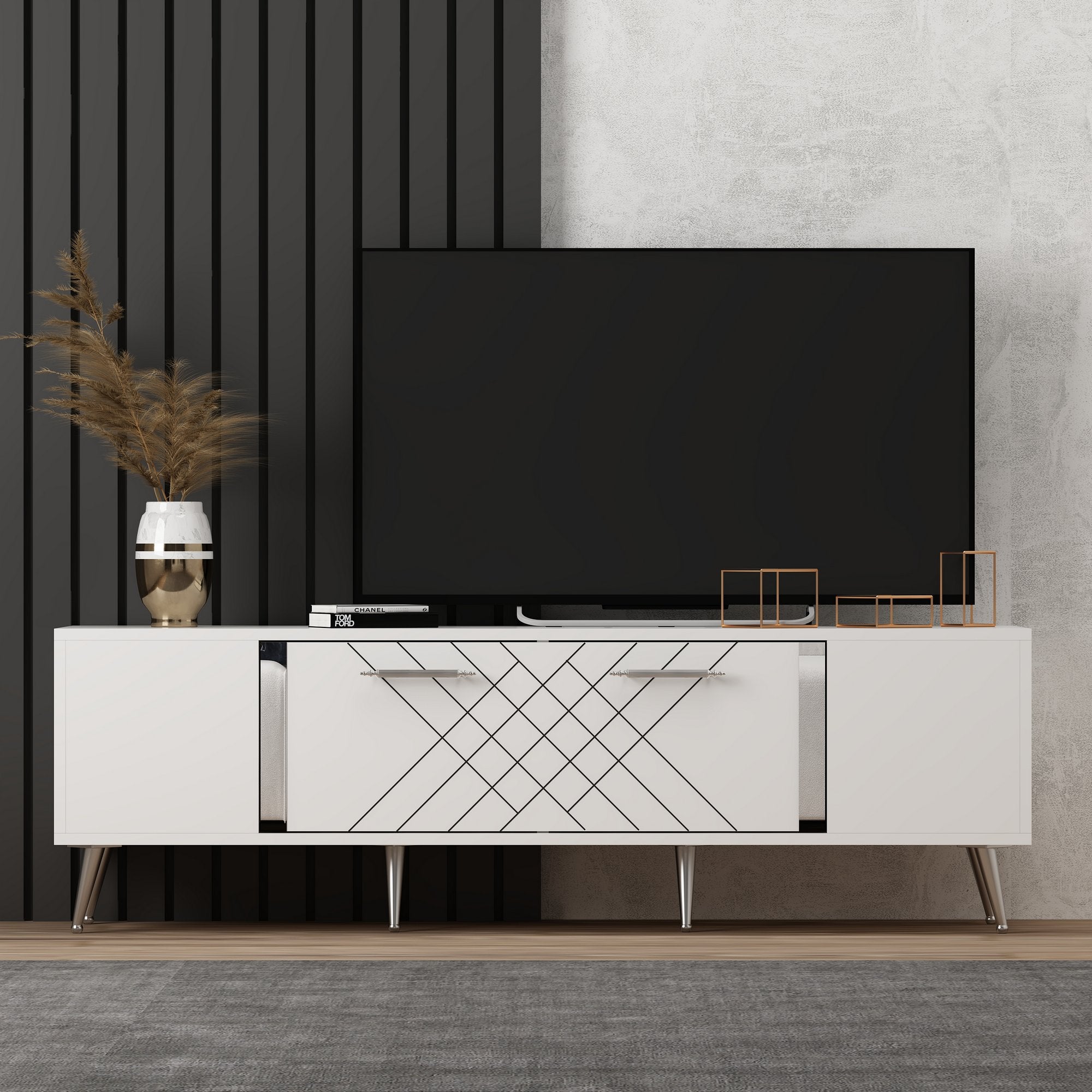 Móvel de TV moderno – 150 cm x 48,2 cm x 35 cm – Branco e Prata – Melamina