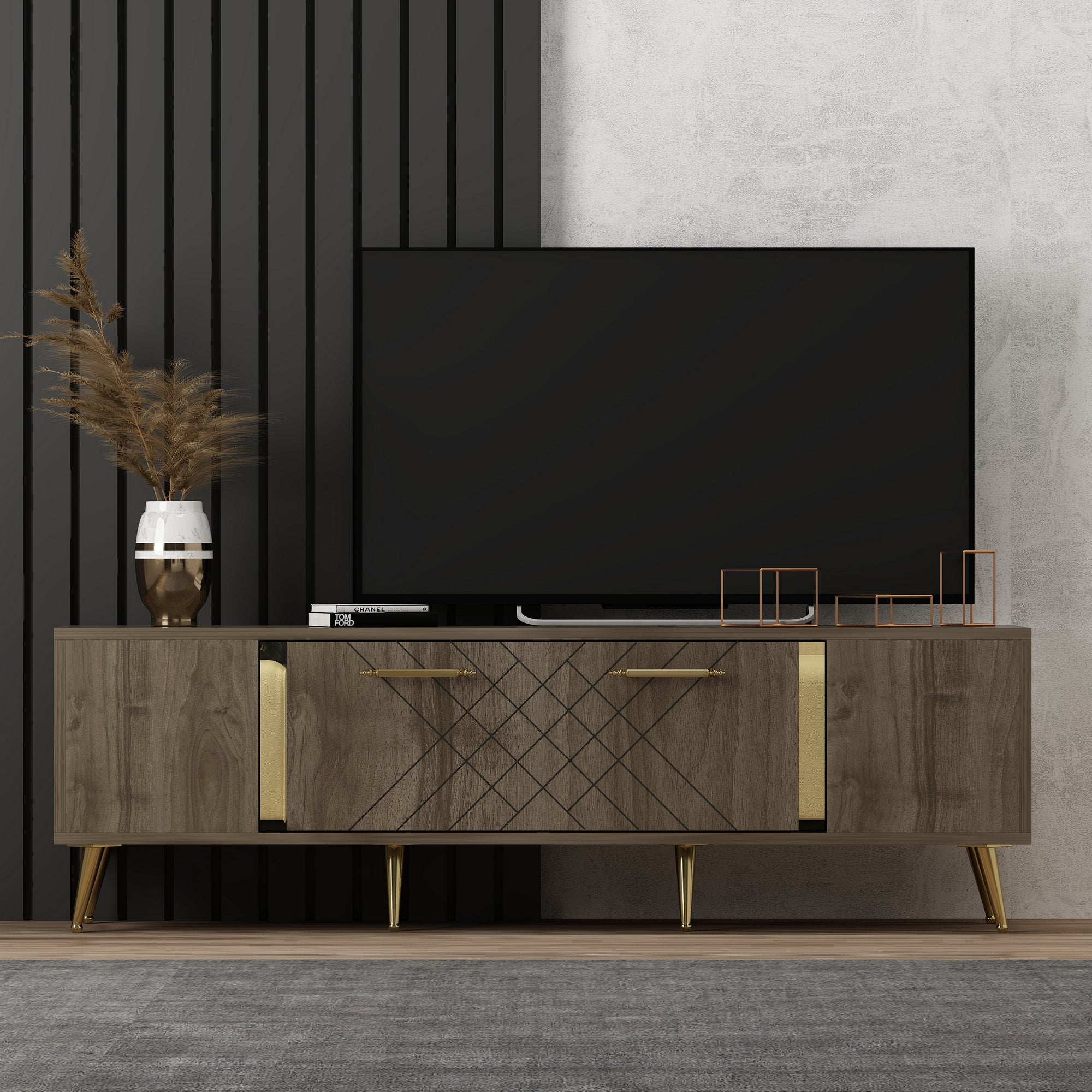 Móvel de TV moderno – 150 cm x 48,2 cm x 35 cm – nogueira e dourado – melamina