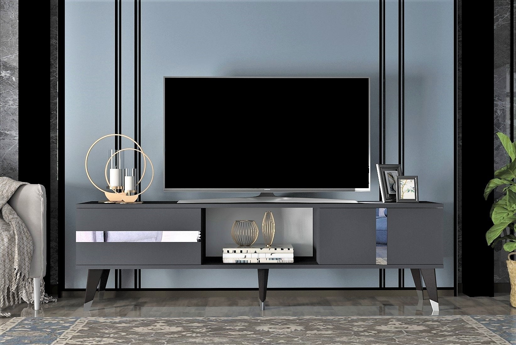 Móvel de TV – 150 cm x 29,6 cm x 50 cm – Antracite e Prata – Painel de Partículas