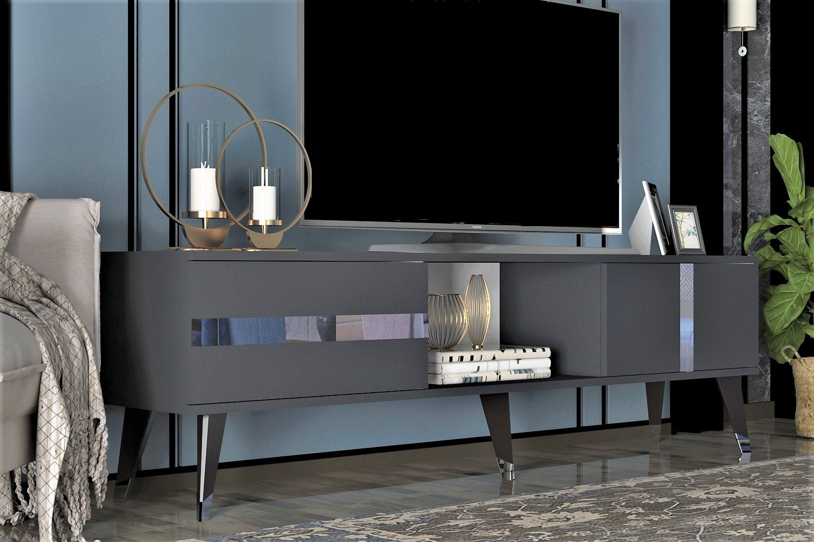 Móvel de TV – 150 cm x 29,6 cm x 50 cm – Antracite e Prata – Painel de Partículas