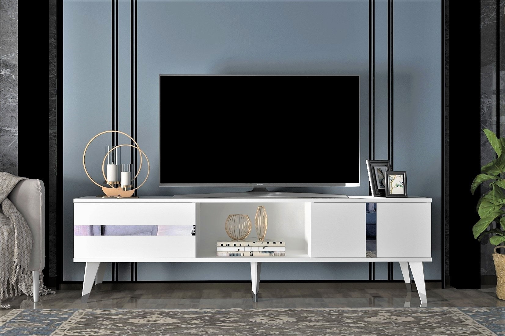 Móvel de TV – 150cm – Branco e Prata – Painel de partículas